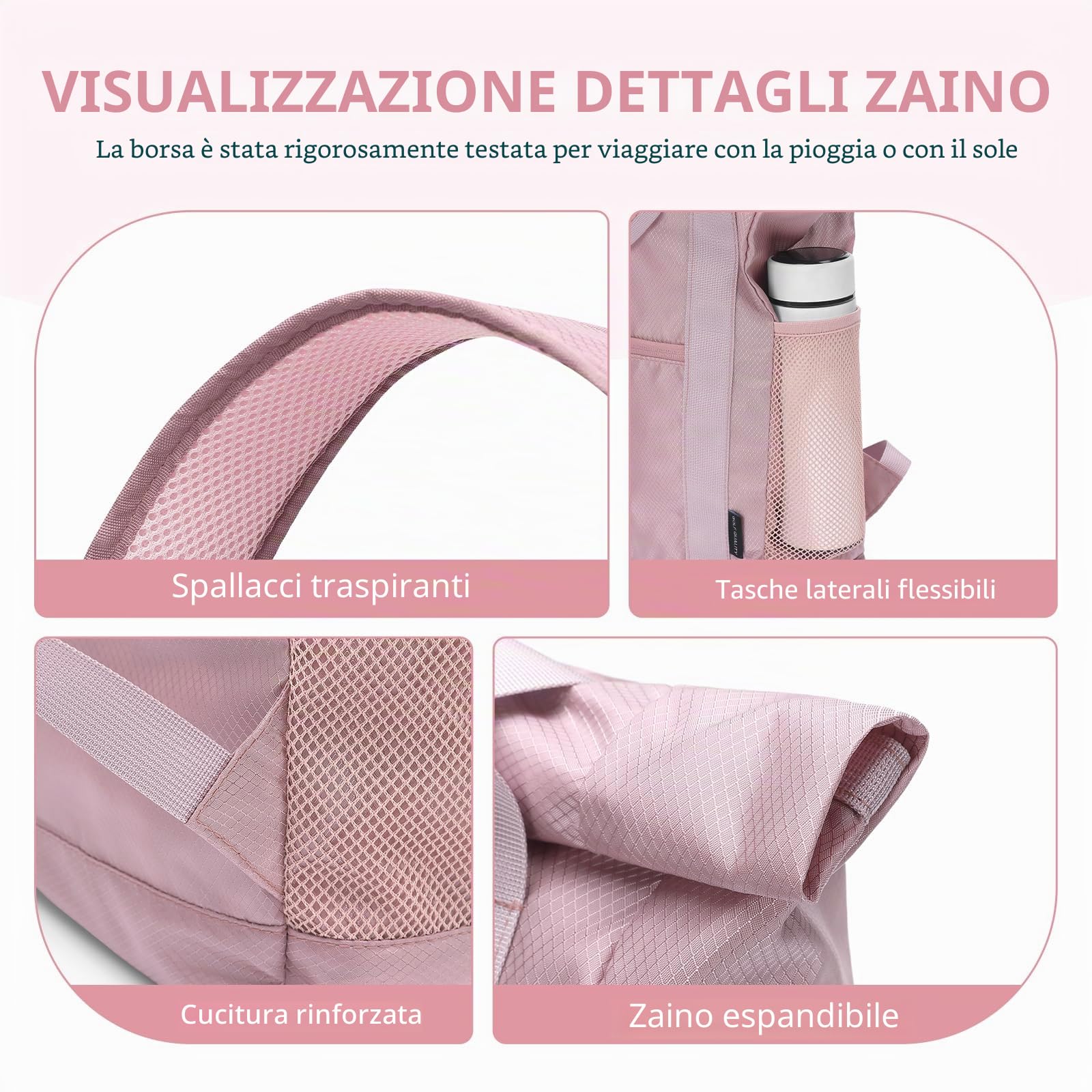 Zaino Pieghevole 2 In 1 Convertibile in Nylon Leggero per Donna Uomo Viaggio Città Sportivo, Borsa a Mano Versatile, Casual Daypack 21.9L, Rosa mirtillo