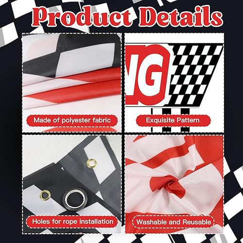Vista 3 de Decoraciones para fiestas de autos de carreras, 3 piezas con temática de carreras, banderas a cuadros, para colgar en cabina de fotos de cumpleaños