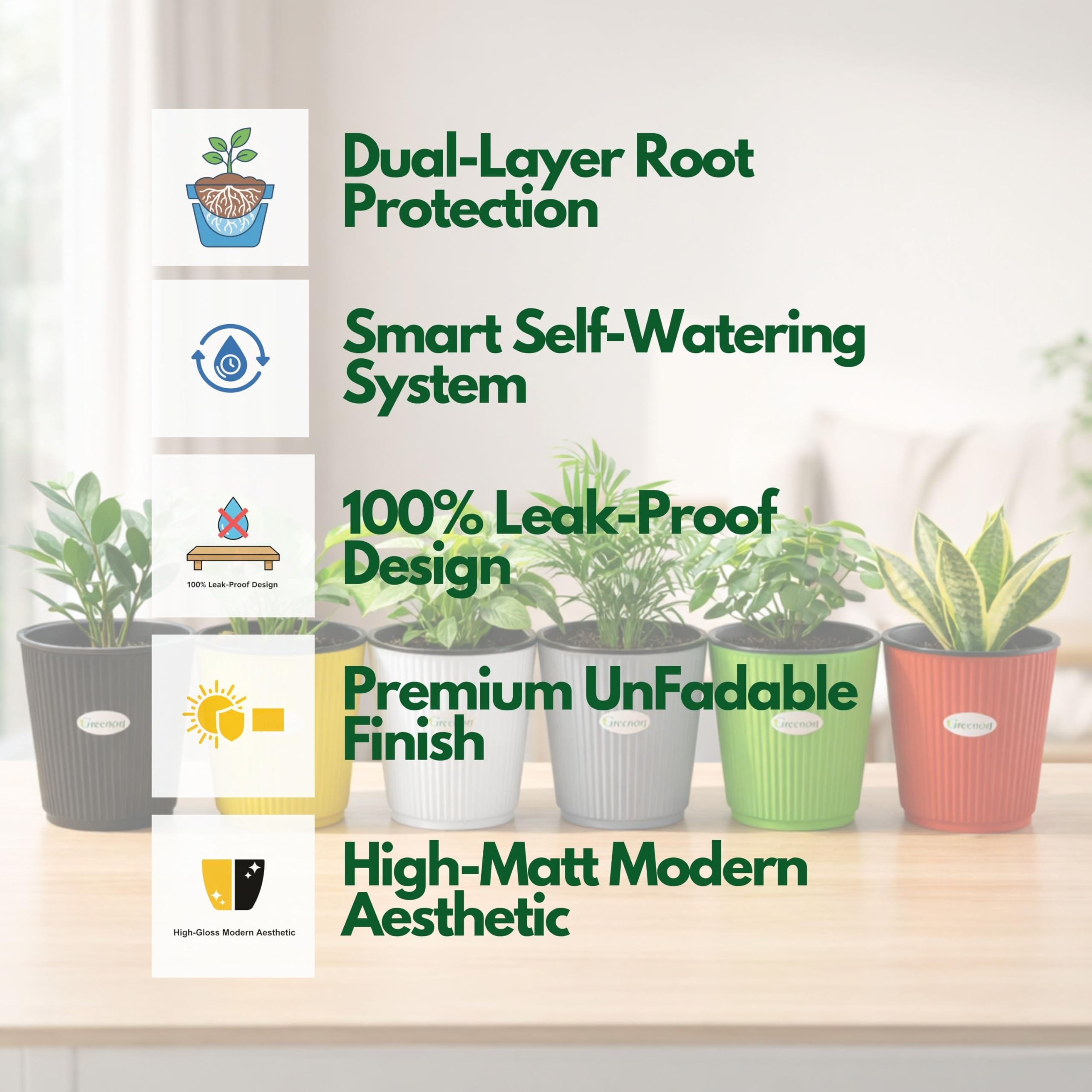 GREENON 7" Self-Watering Plant Pots - Set of 8 -5 GREENON 7" Self-Watering Plant Pots - Set of 8 -5