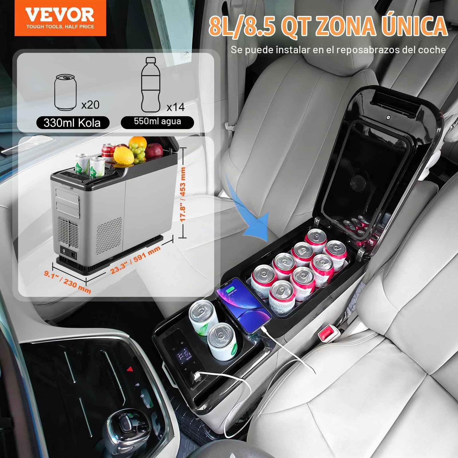 VEVOR Nevera de Compresión Portátil 15 L Mini Nevera con Reposabrazos para Coche 12/24V CC y 100-240V CA Mini Nevera de Zona Única -20°C a 20°C Ajustable para Coche Camión Barco Casa Camping