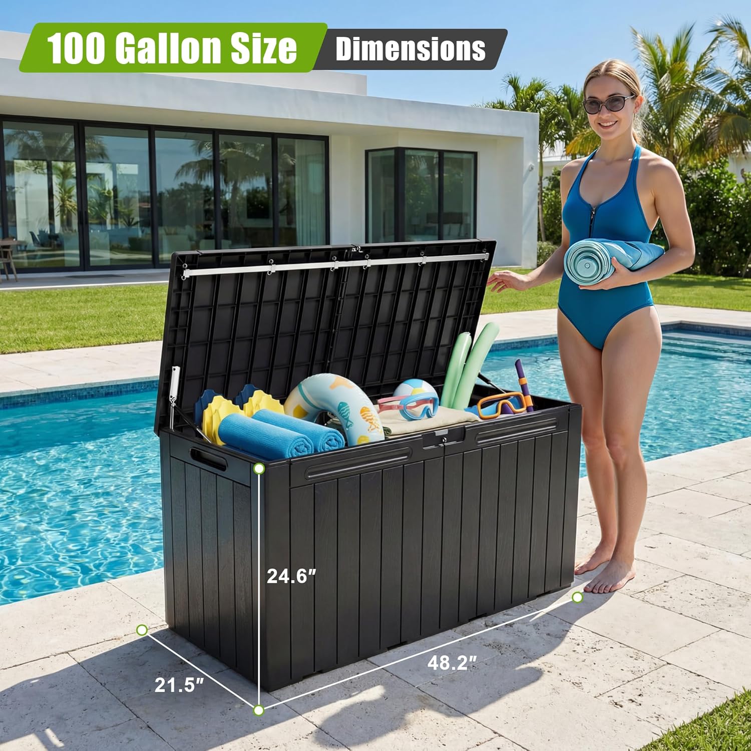 Flamaker Resin Deck Box 100 Gallon Large Lockable Outdoor Storage Box Waterproof Deck Chest for Patio Cushions, Garden Tools, Accessories (Black)