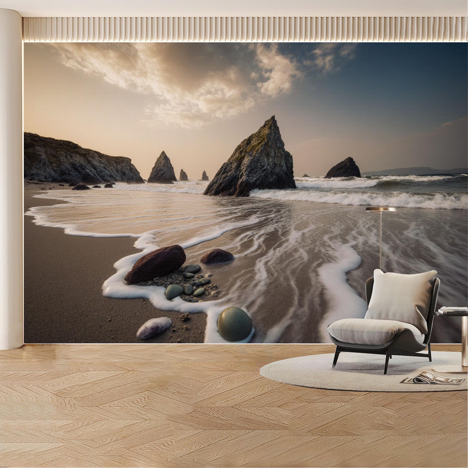 Custom Wall Mural Wallpaper Ocean Beach Rocks， Landscape 3D Effect Wall Decor Large Wall Art， Sunset Misty Removable SelfAdhesive Large Photo for Living Room， Bedroom， Office