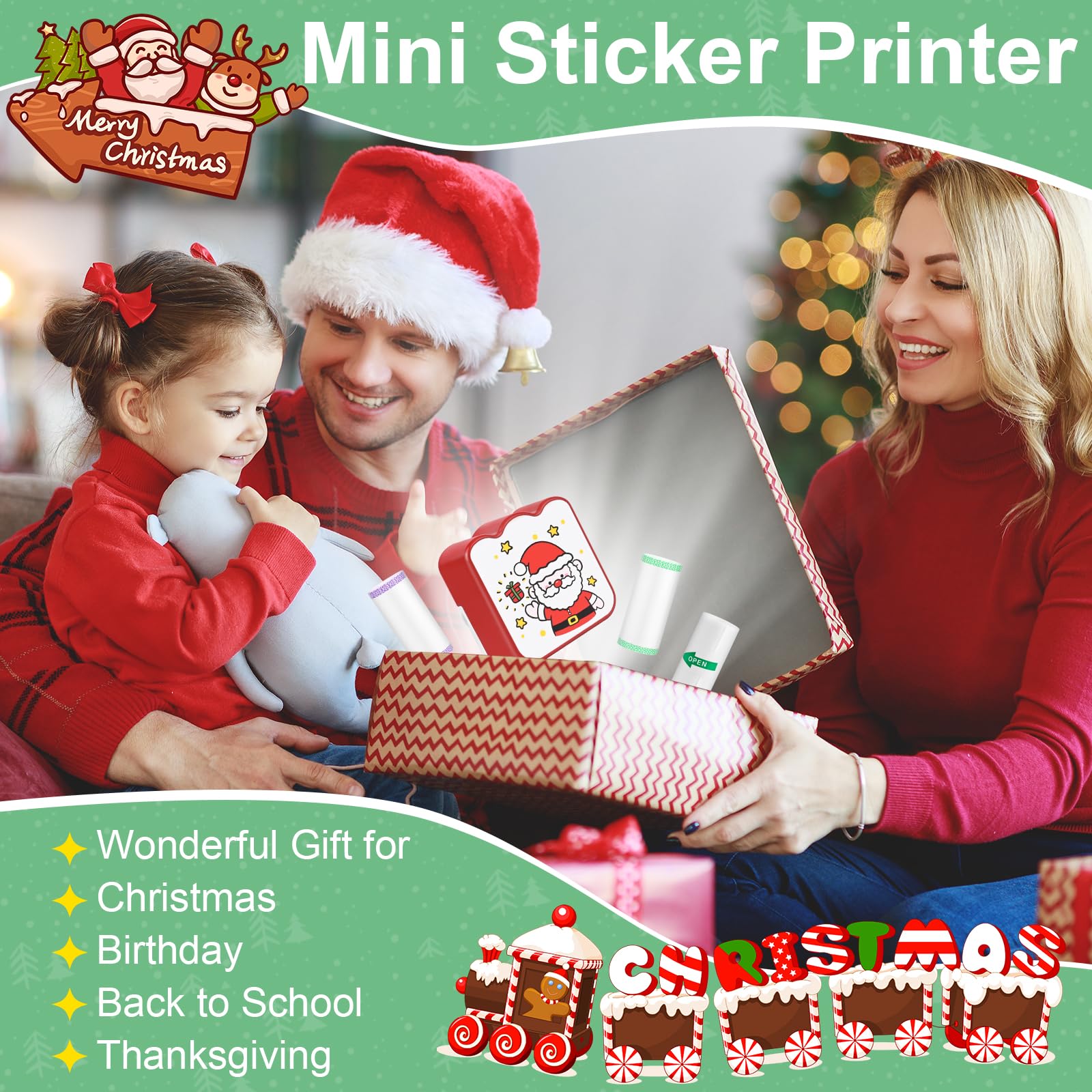 Mini Impresora para Movil, Navidad Impresora Fotográfica con 13 Rollos de Papel, Portátil Mini Impresora Bluetooth Inalámbrico Impresora Térmica, Movil Impresora Fotos, para Fotos Nota, Imagen