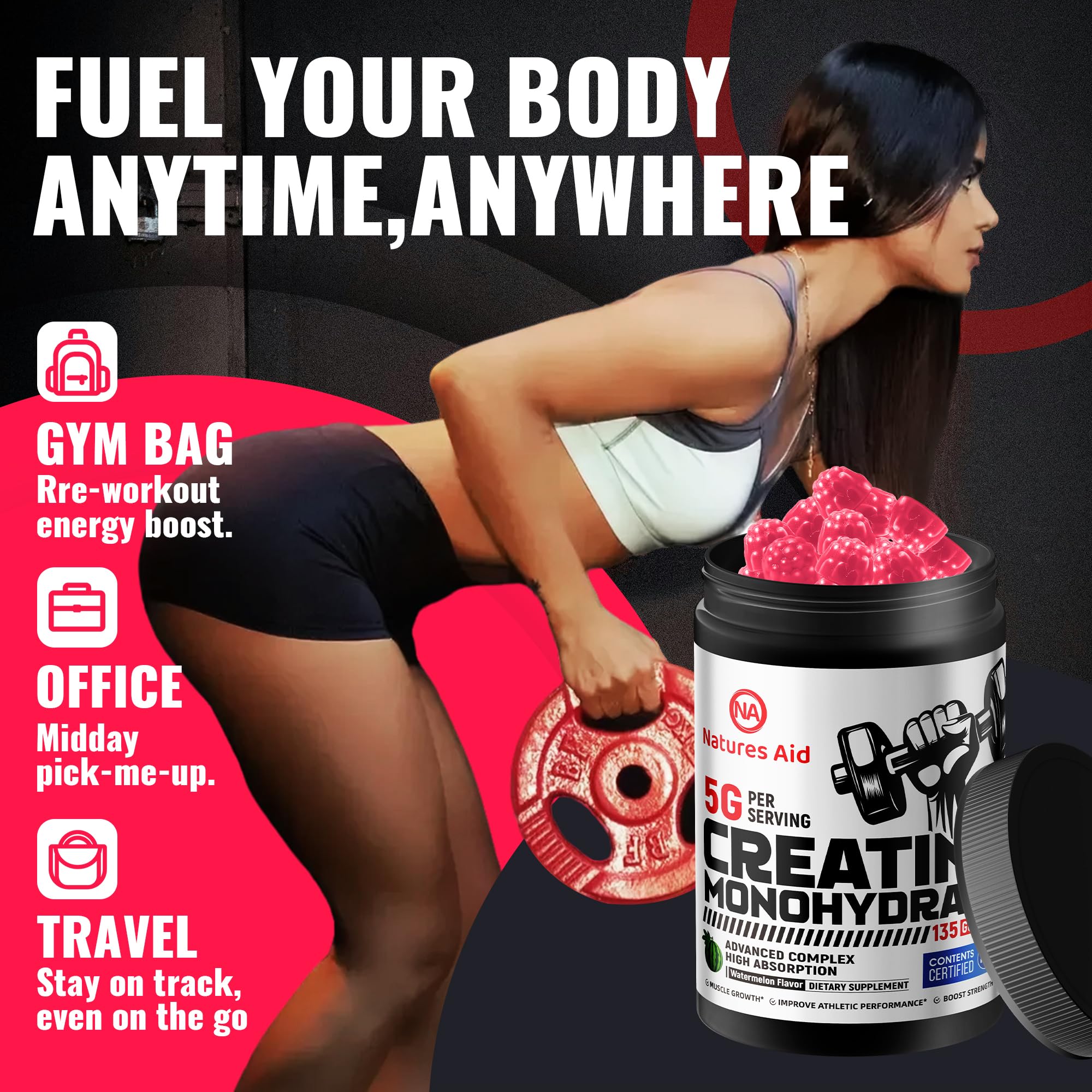 Natures Aid NSF Certified Creatine Monohydrate Gummies for Men & Women, Watermelon 135CT — Amazon image 7