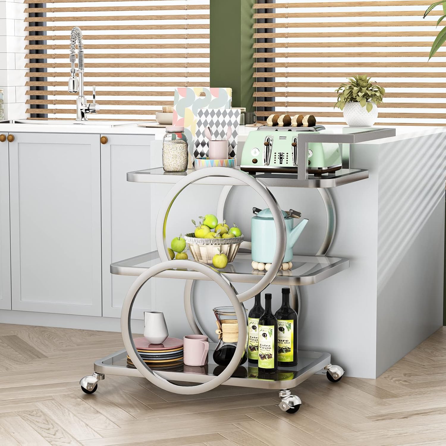 OuQinDesign Unique Silver Bar Carts with 3 Tier Mirrored Shelves