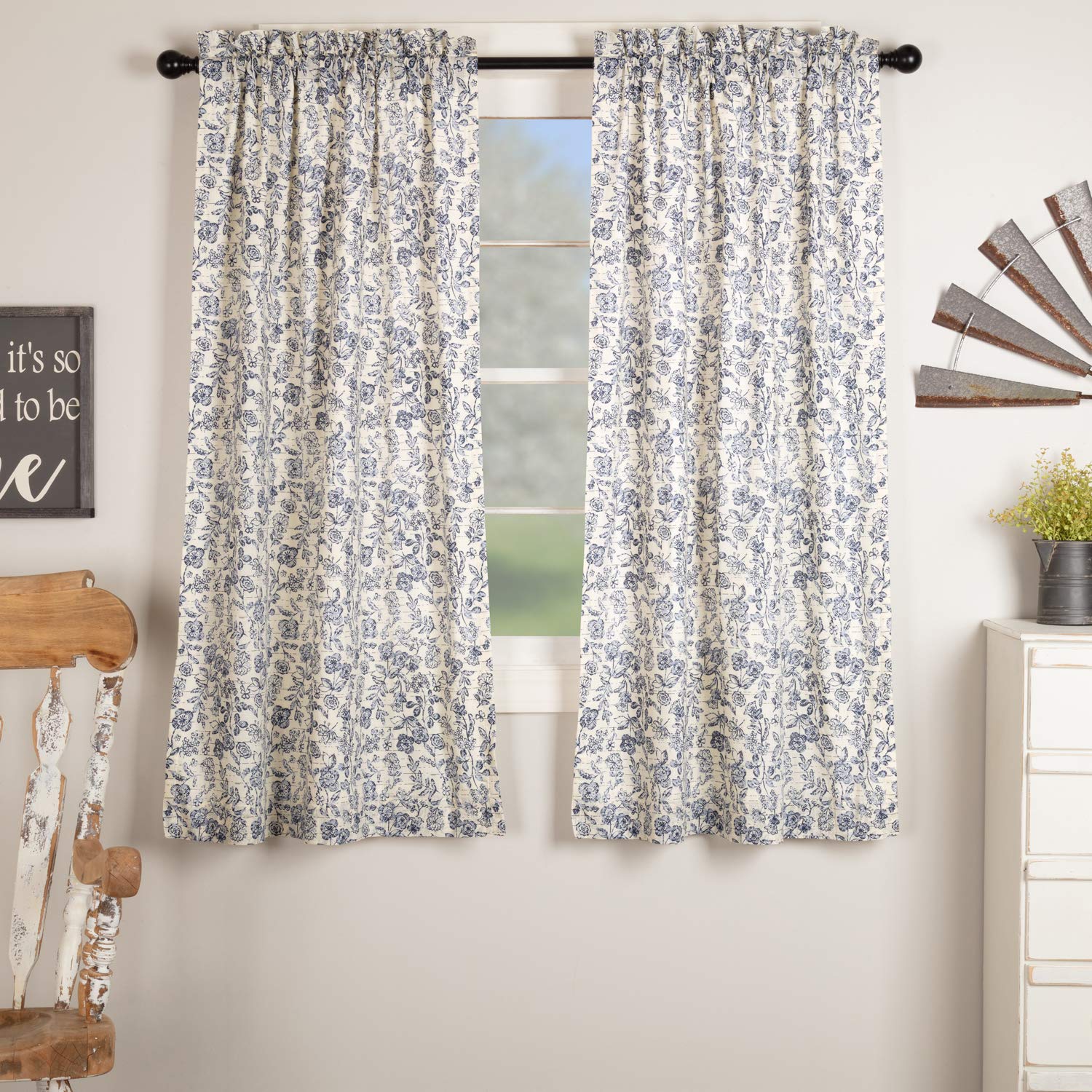 Doylestown Blue Floral Panel Curtains, Set of 2, 63" Long, Blue & Cream Flower Print, Vintage Farmhouse, Country Cottage Window Treatment