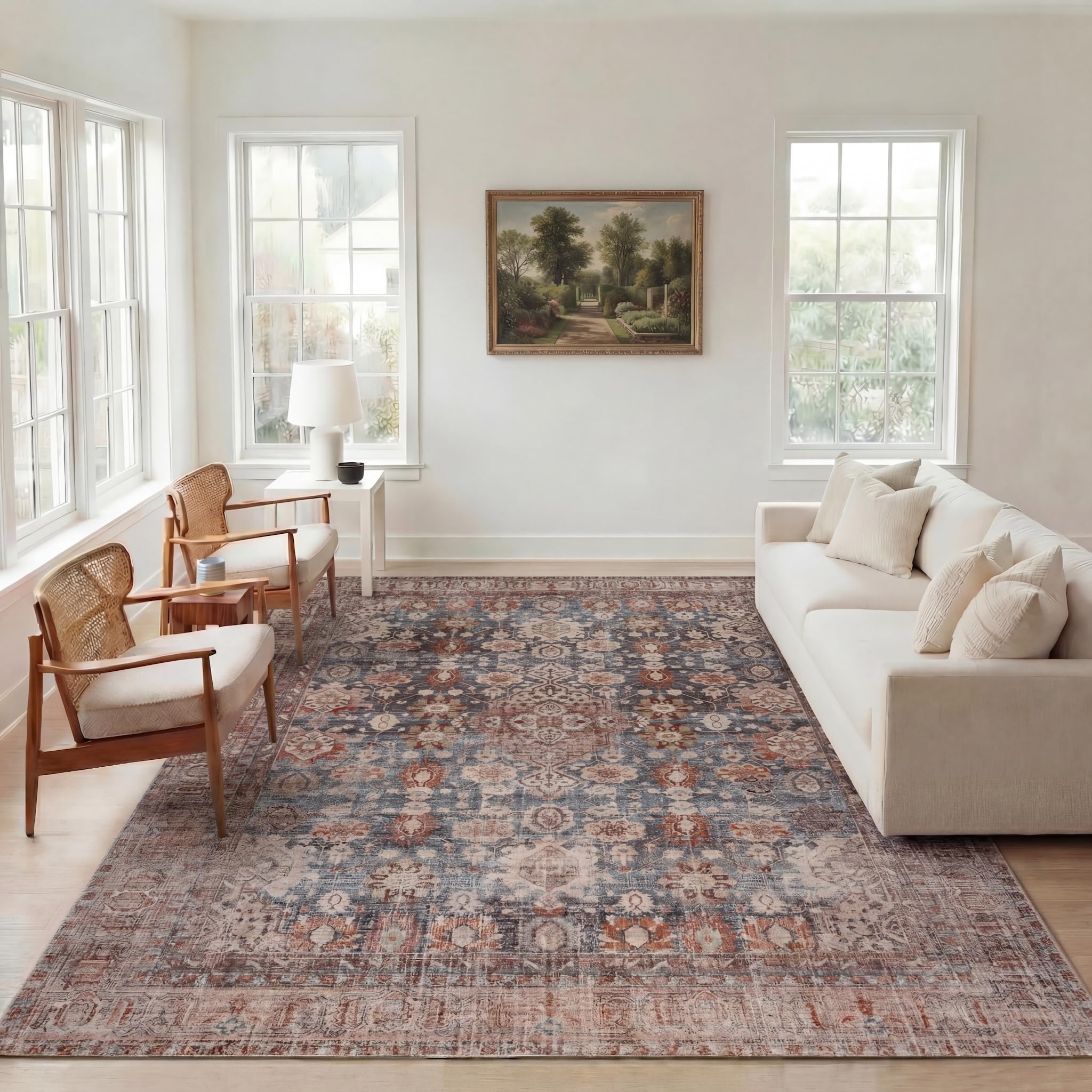 Kuden 8x10 Large Area Rug, Machine Washable Area Rug with Non-Slip Backing, Vintage Style, Soft, Easy Clean, Low Pile Rug for Living Room, Bedroom,