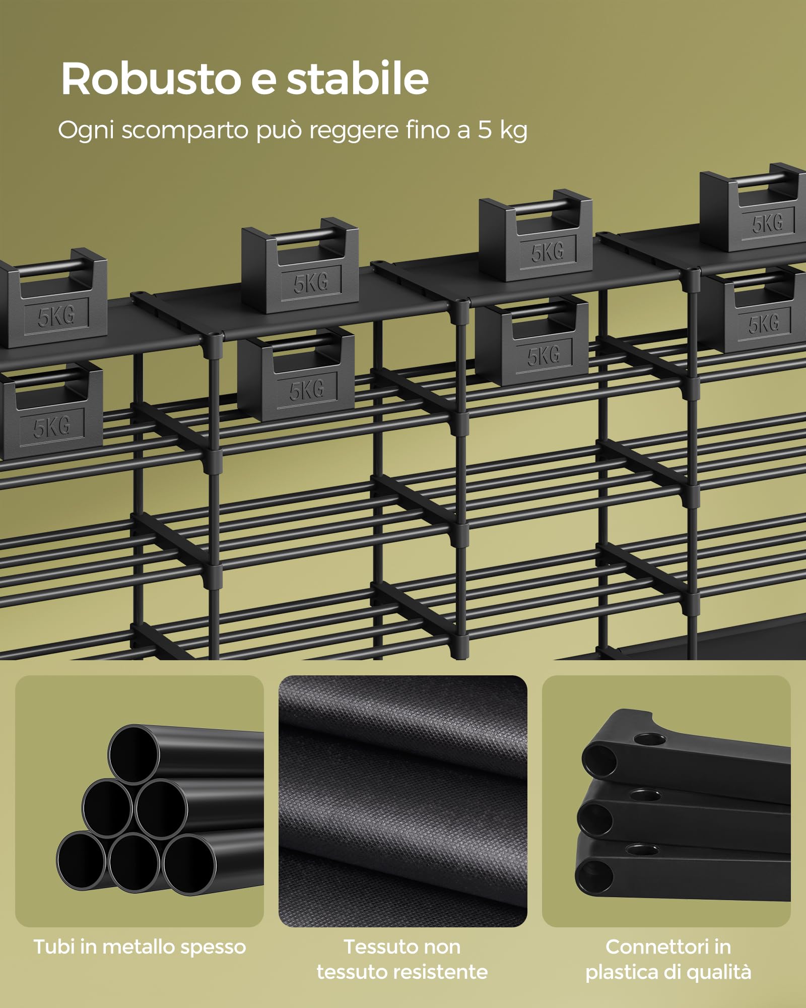 SONGMICS Scaffale a 5 Ripiani, Portaoggetti Organizzatore 37 x 37 x 150 cm, Portante 400 kg, Ripiani Regolabili, Stile Naturale, per Cucina e Soggiorno, Greige e Nero GLR037B11