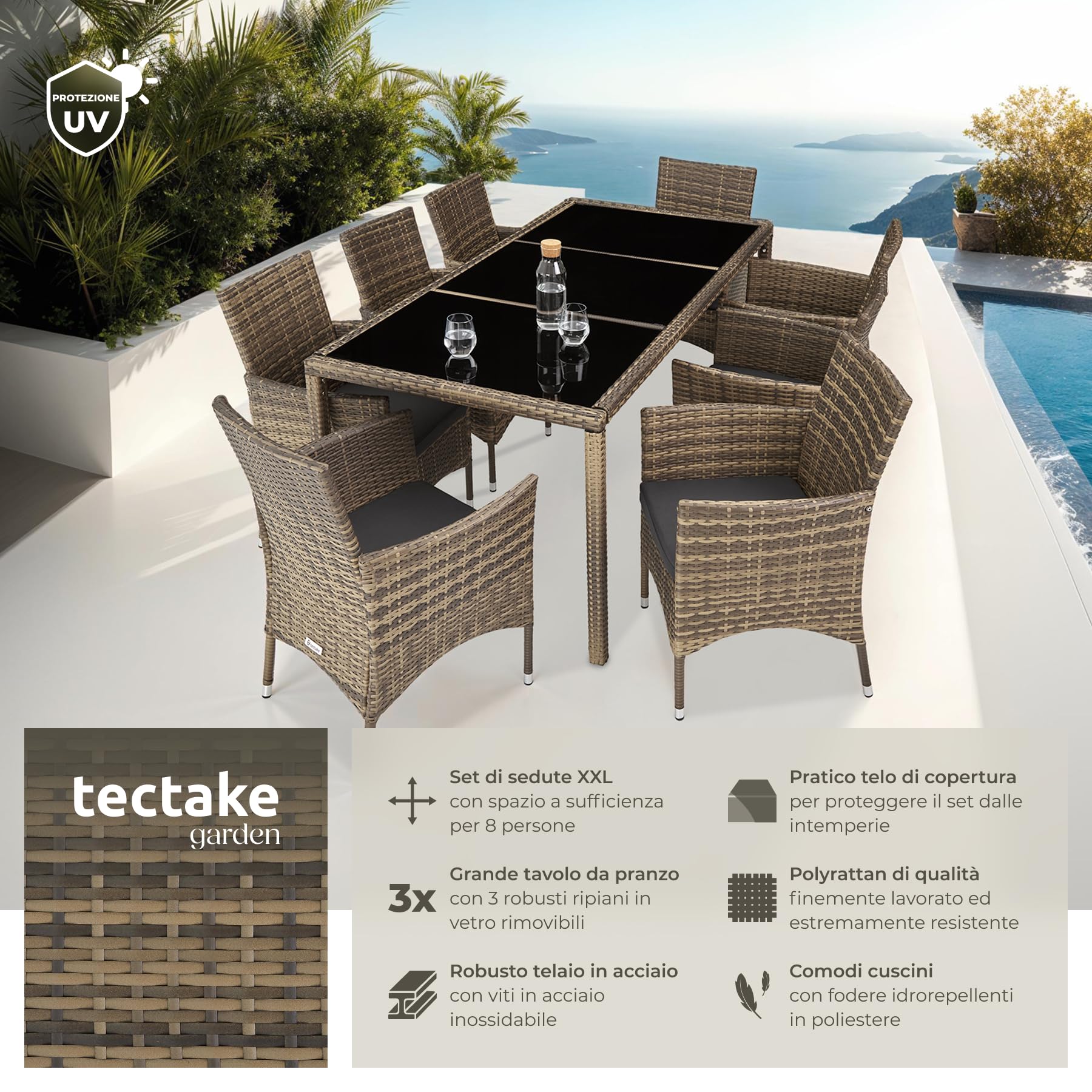 tectake® Set Mobili Giardino 8 Sedie 1 Tavolo Cuscini Morbidi Poli Rattan Naturale/Grigio Scuro