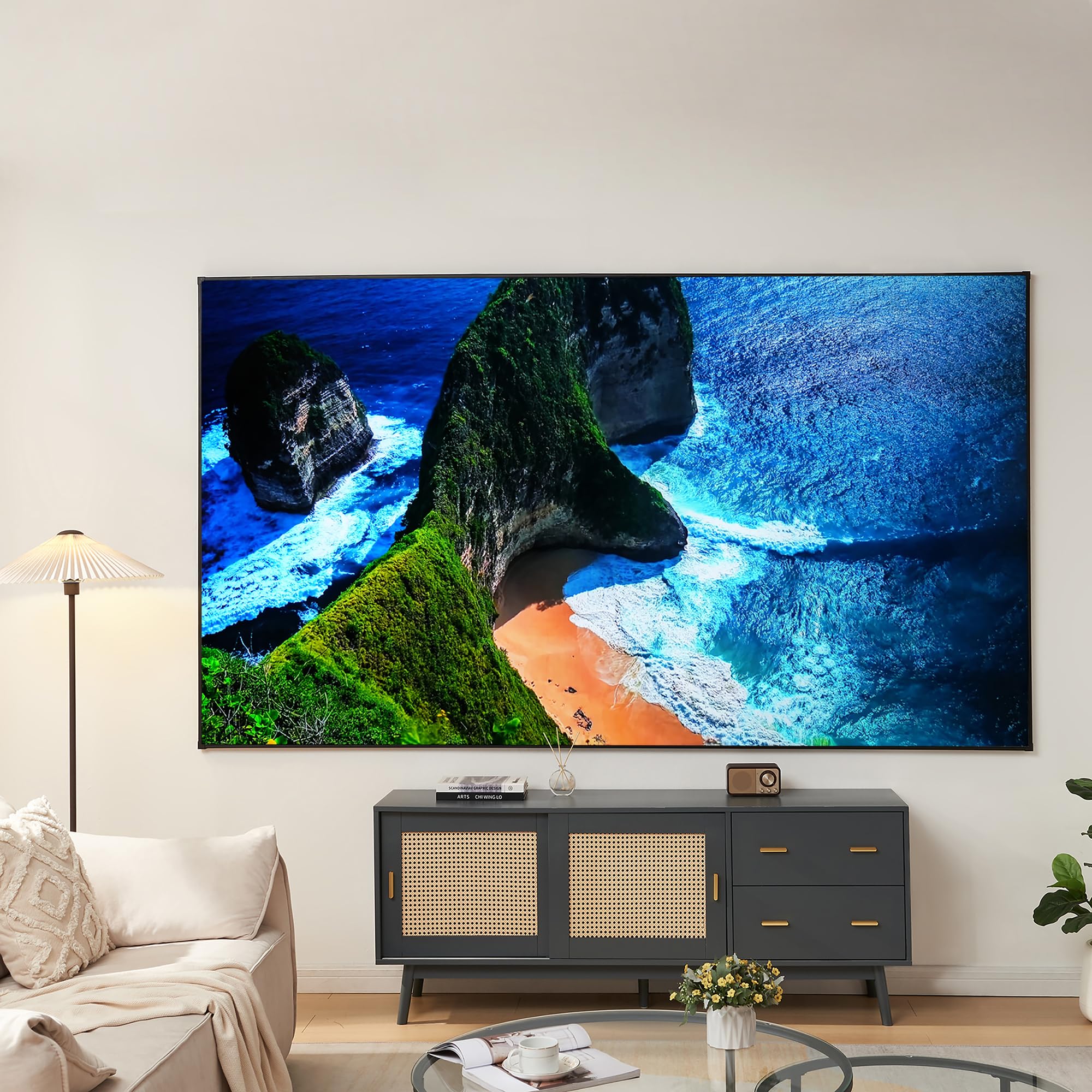 [en.casa] Pantalla de Proyección Väkhoga Instalación Mural Pantalla para Full HD 4K 8K HDR Proyector con Marco 120 Pulgadas 16:9 ARL 266 x 149 cm Cine en Casa Oficina Gaming Gris
