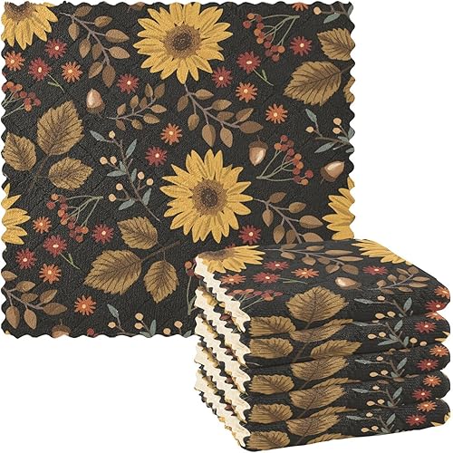 Autumn Sunflowers Black Pattern Microfiber Kitchen Dish Towels Theme Tea Towels Kitchen Printed Kitchen Towels Terry Kitchen Hand Towels Towels