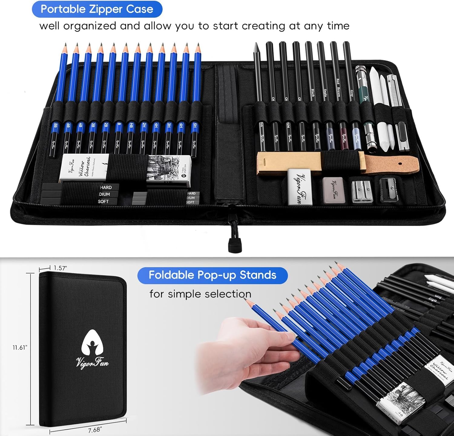 VigorFun Art Supplies, Sketching & Drawing Pencils Art Kit with 2 Sketch Pads, Professional Artists Drawing Supplies Set Includes Graphite, Charcoals, Kneaded Eraser for Adults (42 Pieces)