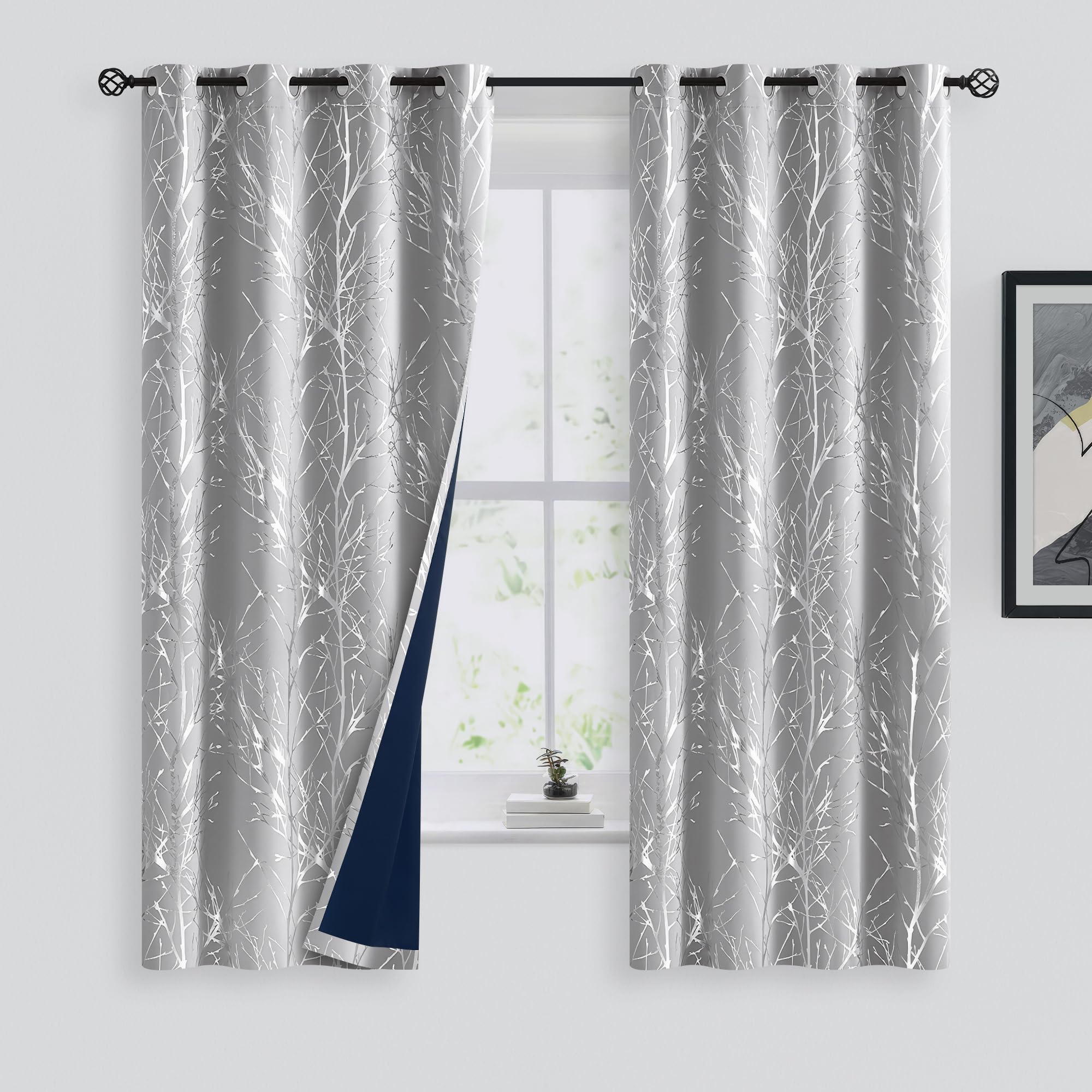 Fmfunctex Lot de 2 rideaux occultants à œillets pour chambre à coucher et salon Motifs branches d'arbre Gris argenté 183 cm