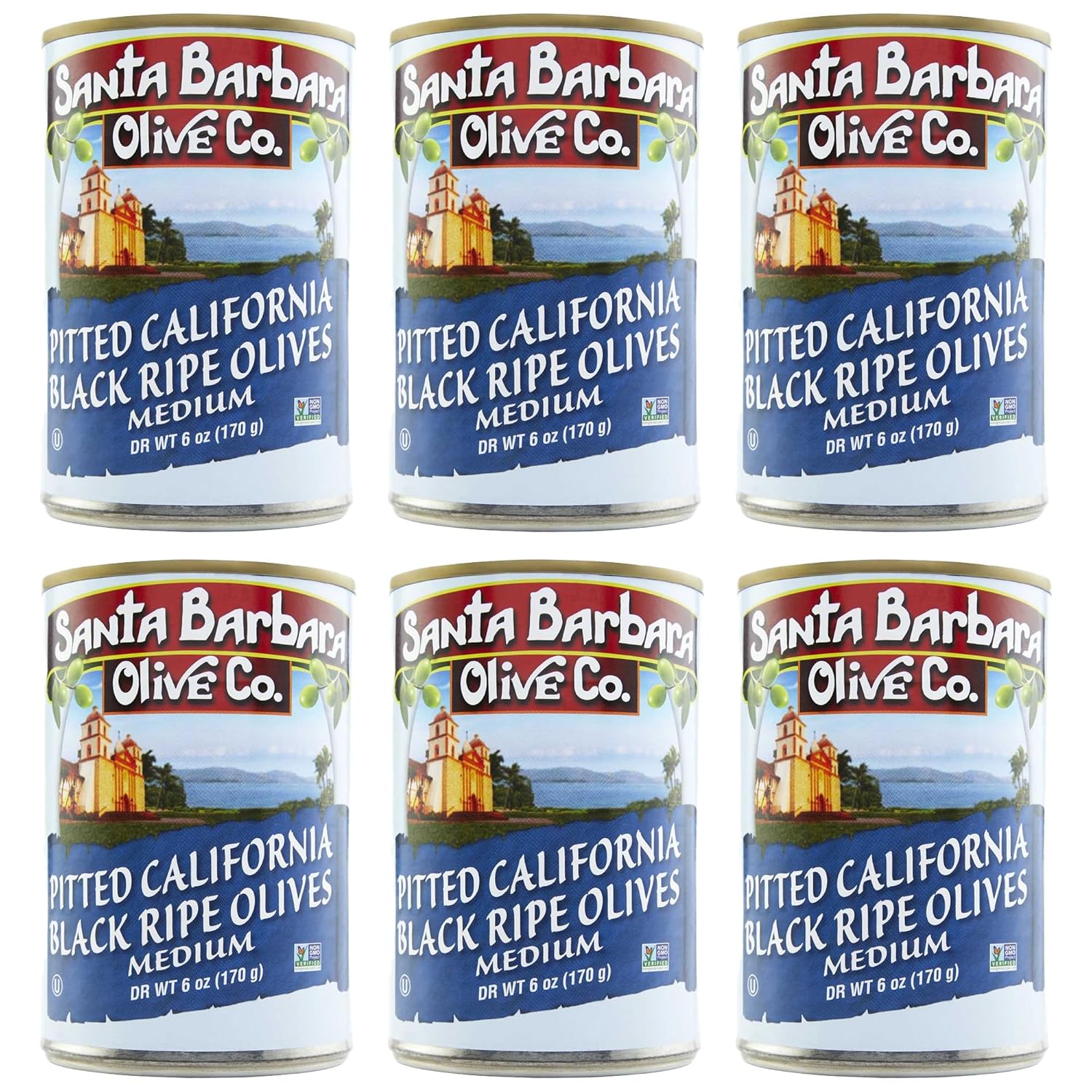 Santa Barbara Medium Black Olives 6oz tins, 6 pack