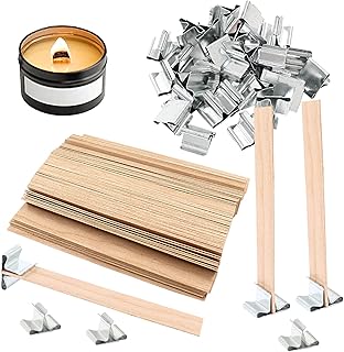 Litoexpe Wooden Candle Wicks 100 Pcs, 5.1 X 0.5 Inch Wood Wicks for Candle Making, Naturally Smokeless Wooden Candle Wicks Candle Coreswith Wick Clips Holders with Metal Base 50 Sets