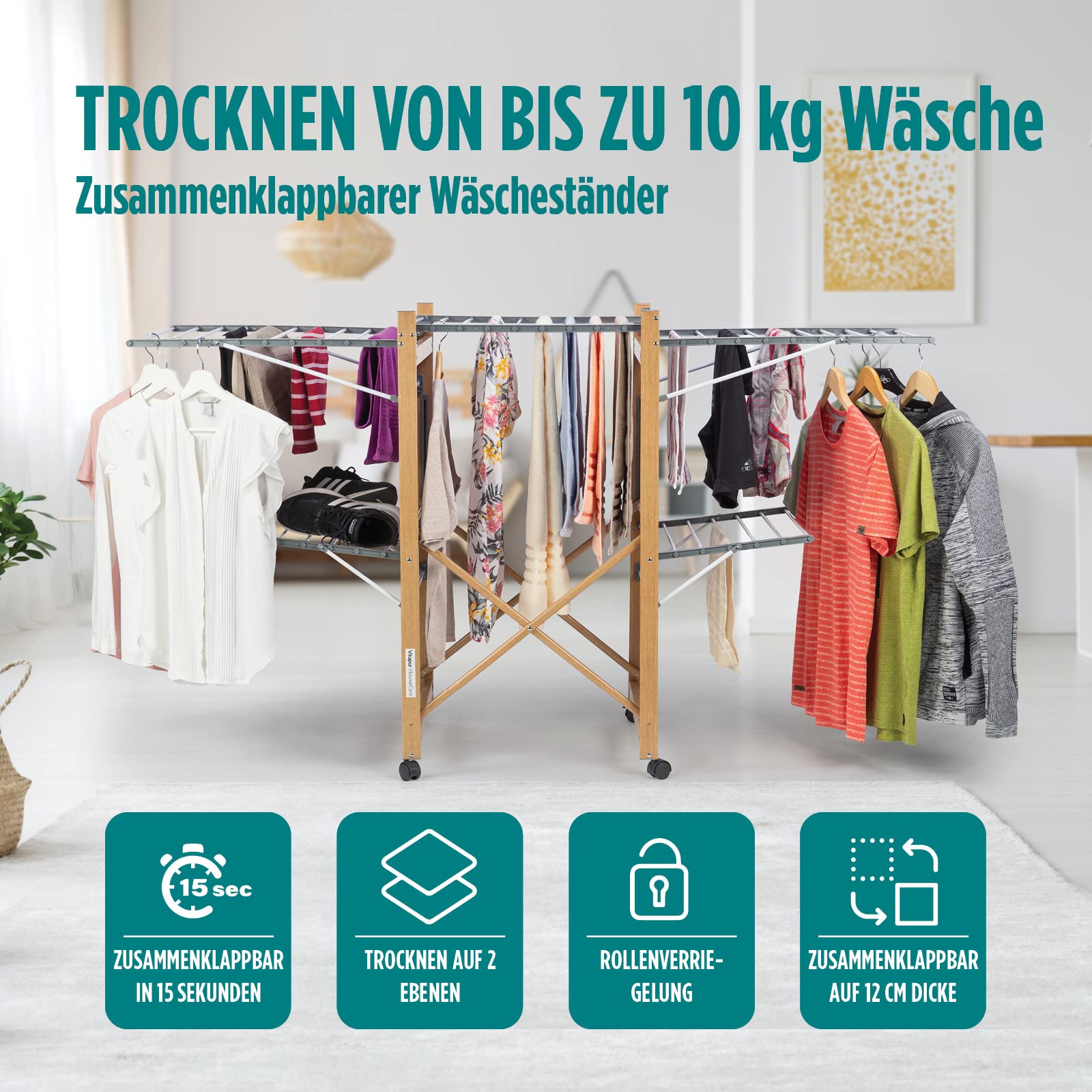 Vitapur House Care XXL Wäscheständer mit Rollen - 2 Ebenen Standtrockner 21m Trockenlänge - Klappbar 12cm Holzoptik - Mobile Flügelwäschetrockner Innen Außen - 25kg Belastbar 136x69cm Platzsparend