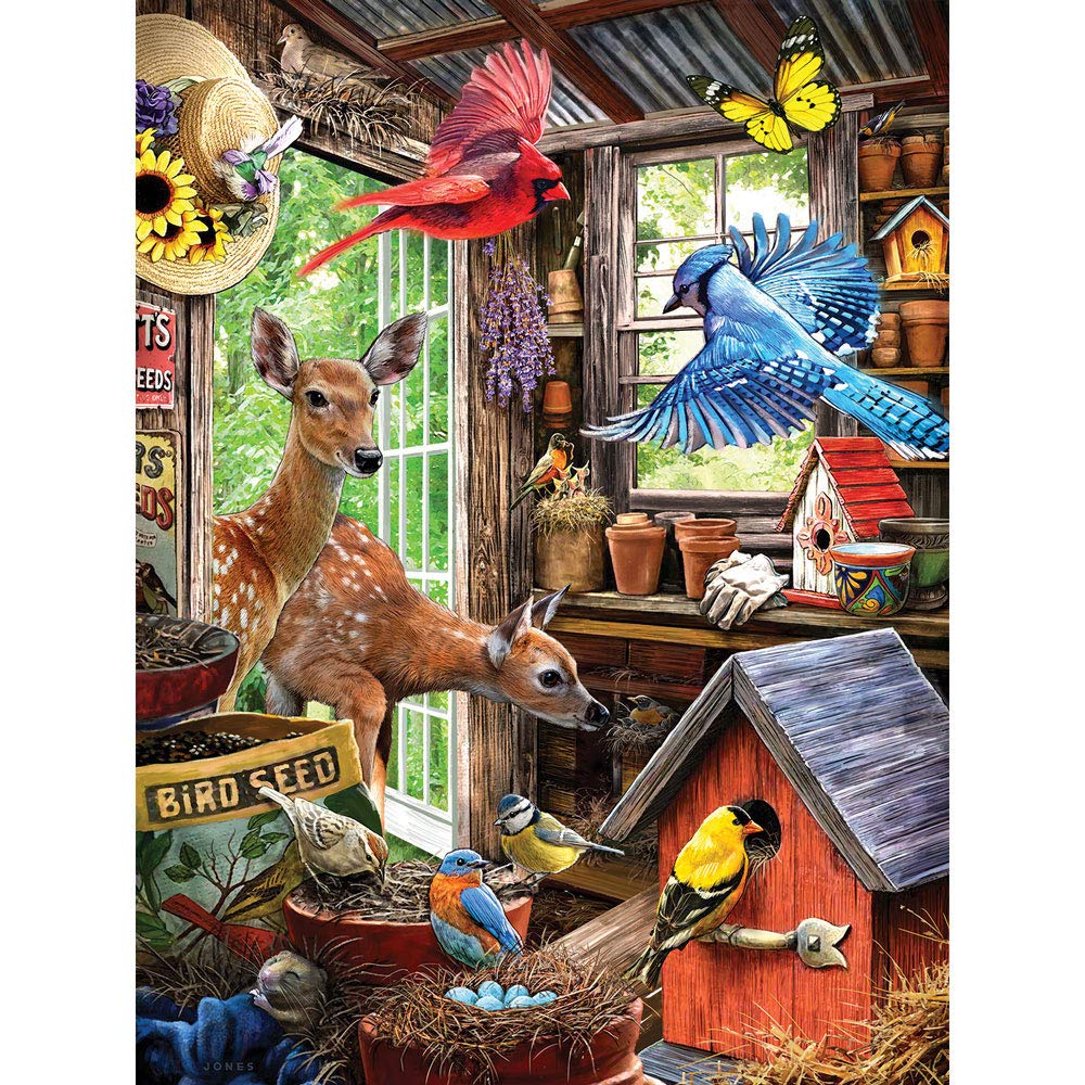 Bits and Pieces - 300 Piece Jigsaw Puzzle for Adults - Nesting in The Shed - Coundry Garden Shed Animal Nature Bird Farm Doe Wildlife Birdhouse Jigsaw Puzzle by Artist Larry Jones