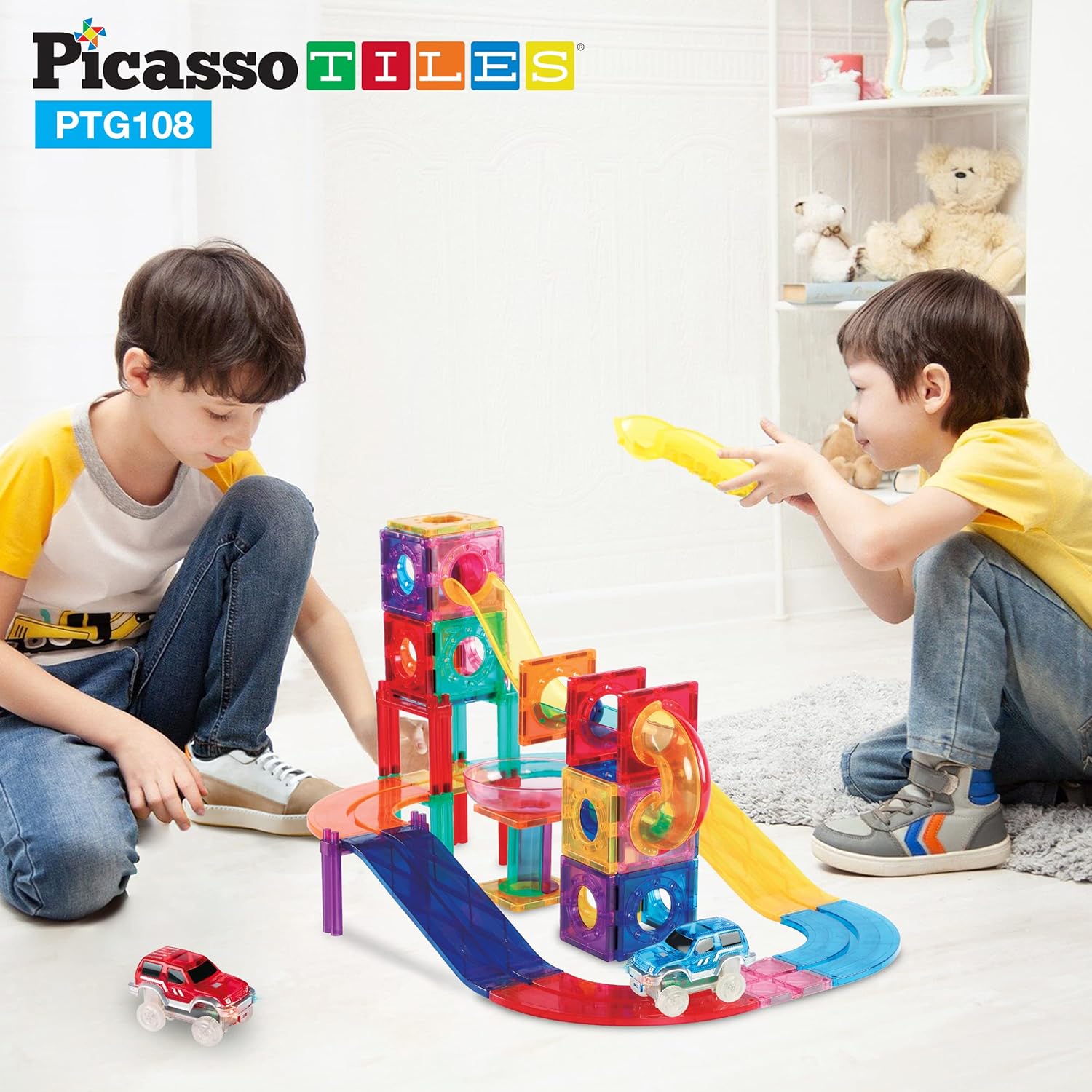 PicassoTiles 108PC Marble Run Magnetic Race Track + 60PC Magnet Tiles, STEAM Educational Playset for Creative, Fun and Learning Construction Play, Engineering Project Toy Gift Idea for Kids Ages 3+