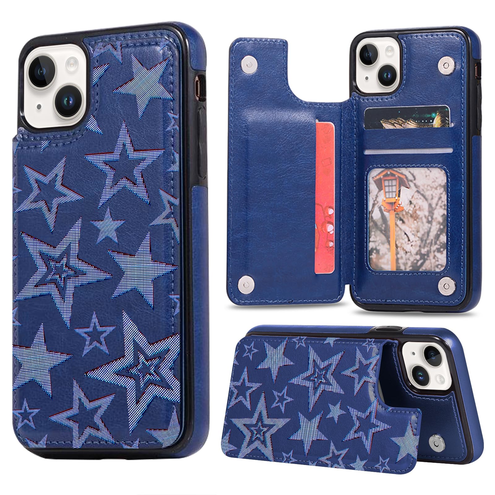 Zrutru for iPhone 14/iPhone 13 Wallet Case Card Holder,Cool Y2K Stars Phone Cases Stylish Trending Flip Card Slots Kickstand Cover for Women Girls,