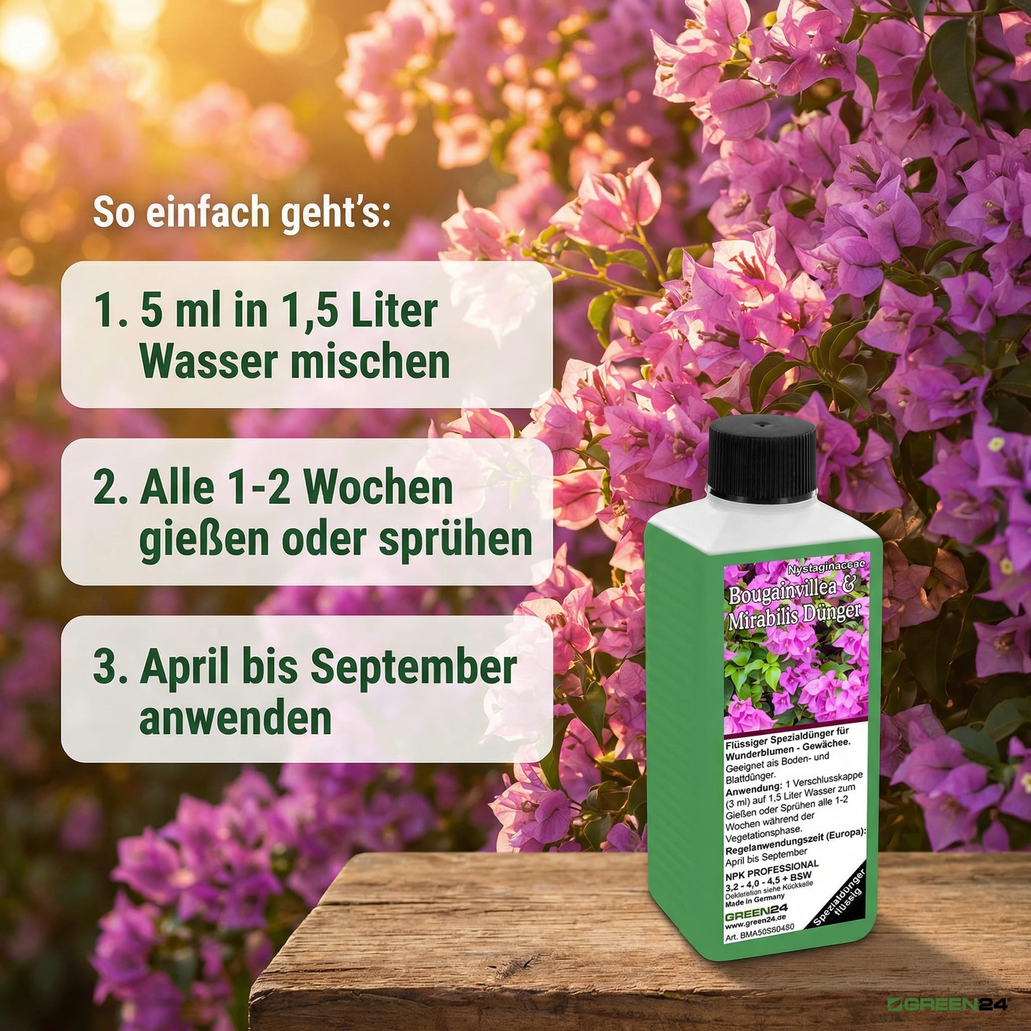 GREEN24 Bougainvillea & Mirabilis nawóz 250 ml – specjalny nawóz do mirabilis, drillingsblumen – śródziemnomorskich roślin doniczkowych, nawóz do kwiatów – płynny nawóz NPK do Nyctaginaceae – balkon