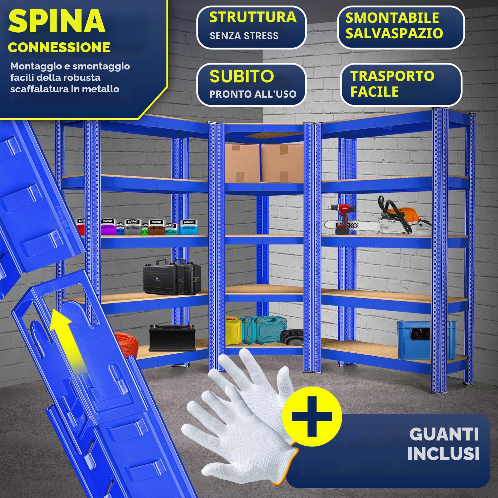 MASKO® Set di 3 sistemi di scaffalature, 1x scaffale angolare e 2X scaffali di stoccaggio - 15 ripiani | Scaffali in MDF 2625 kg Scaffali per officina Scaffali per cantine, Blu