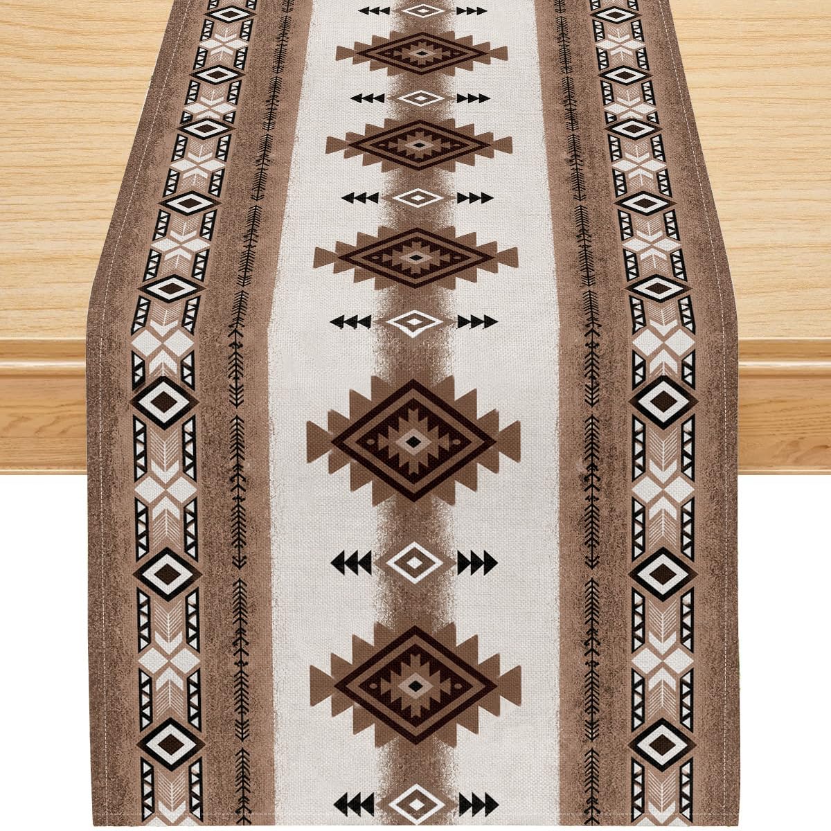 Aztec Geometric Table Runner, Southwestern Tribal Pattern Faux Linen, Rustic Brown Boho Dining Table Decor for Farmhouse Kitchens 13x60 Inch