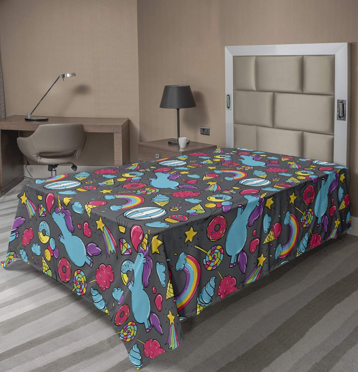 Ambesonne Unicorn Flat Sheet, Dreamy Unicorns Rainbows Clouds Hot Air Balloons Cotton Candy Fantasy Cartoon, Soft Comfortable Top Sheet Decorative Bedding 1 Piece, Twin Size, Multicolor