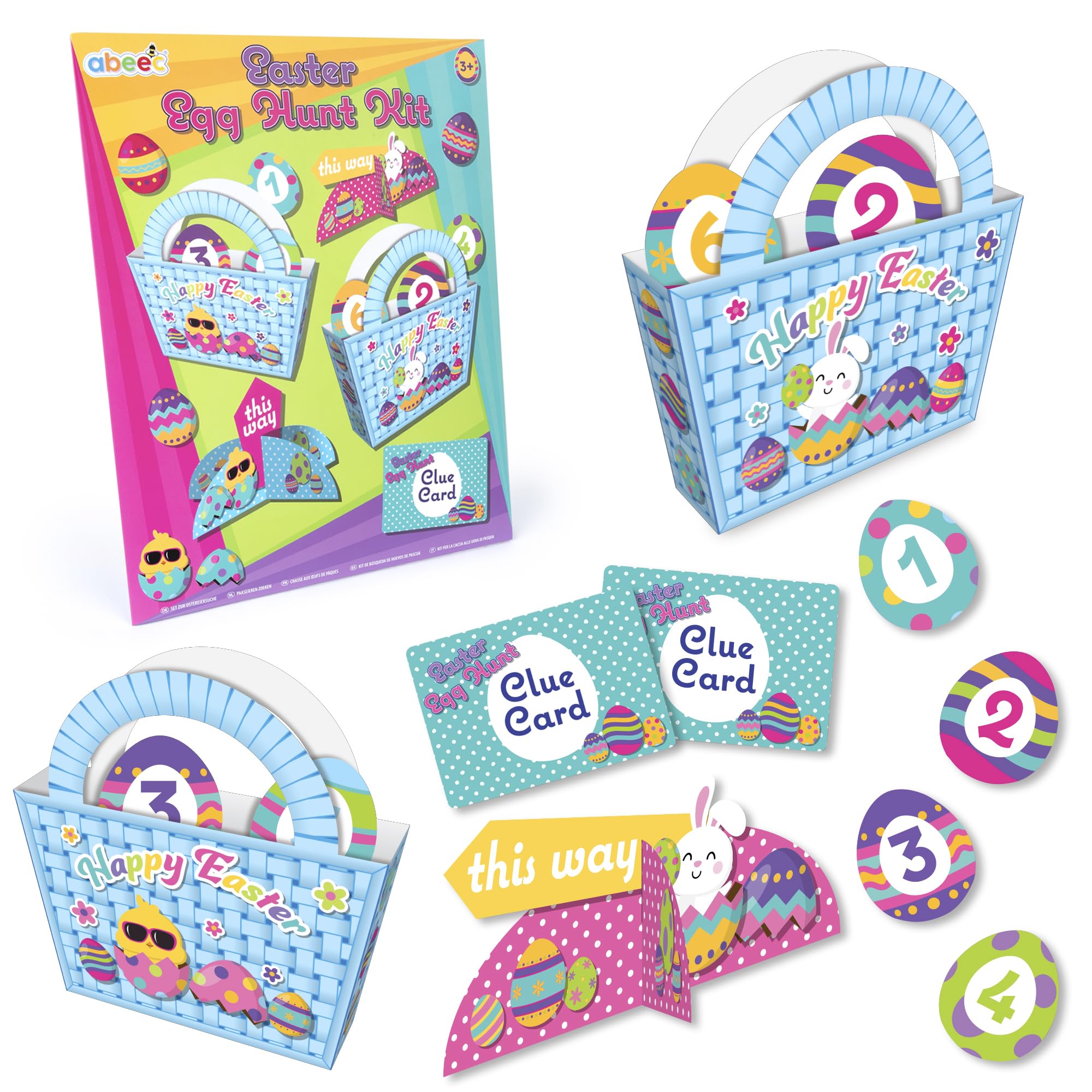 abeec Easter Egg Hunt Kit for Kids - Exciting Easter Scavenger Hunt with Egg Hunt Clues, Easter Egg Hunt Arrows and 4 Egg Hunt Basket - Kids Easter Activity Pack - Easter Egg Hunt Decorations