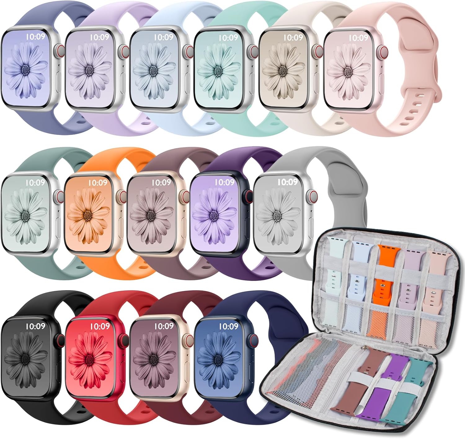 15 Pack Sport Bands Compatible with Apple Watch Band 38mm 40mm 41mm 42mm 45mm 44mm 46mm 49mm for Women Men, iWatch Bands with Storage Organizer for iWatch Series10 9 8 7 6 5 4 3 2 1 SE Ultra