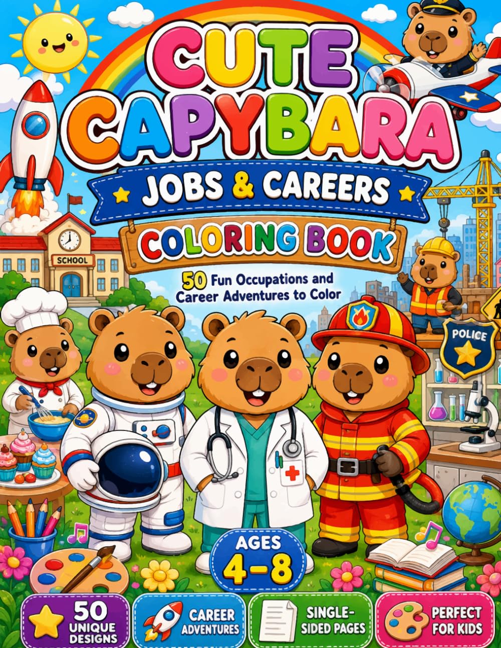 Cute Capybara Jobs & Careers Coloring Book: 50 Fun Occupations and Career Adventures to Color