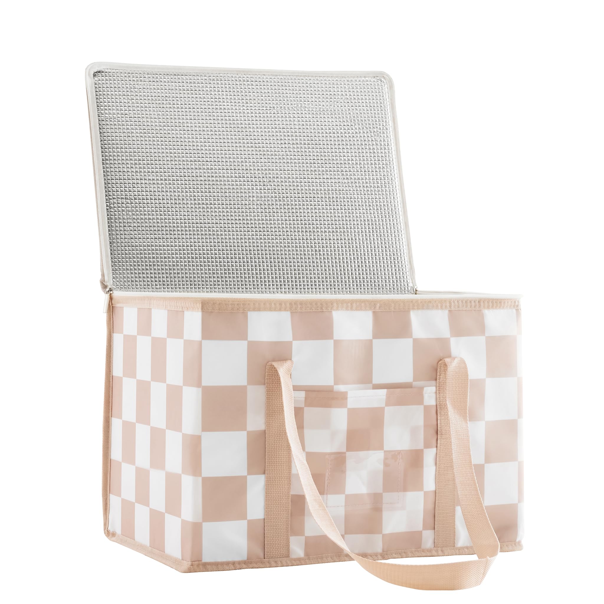 Ohocut Checkered Cooler Bag, Large 40L Foldable Insulated Grocery Shopping Bag, Checkerboard Cool Insulated Food Delivery Bag for Picnic, Camping, Travel (Beige)