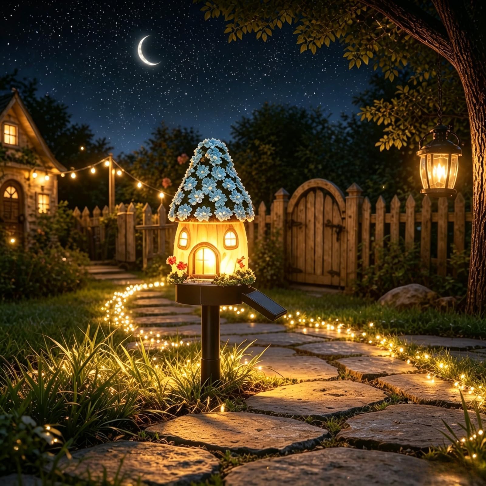 Solar Fairy-Tale Mushroom House Lights Cottage Garden Stake Lights, Resin Mushroom Cottage Figurine, Waterproof LED Mushrooms House Statue Lamp, Outdoor Landscape Pathway Yard Patio Lawn Deco (#D)