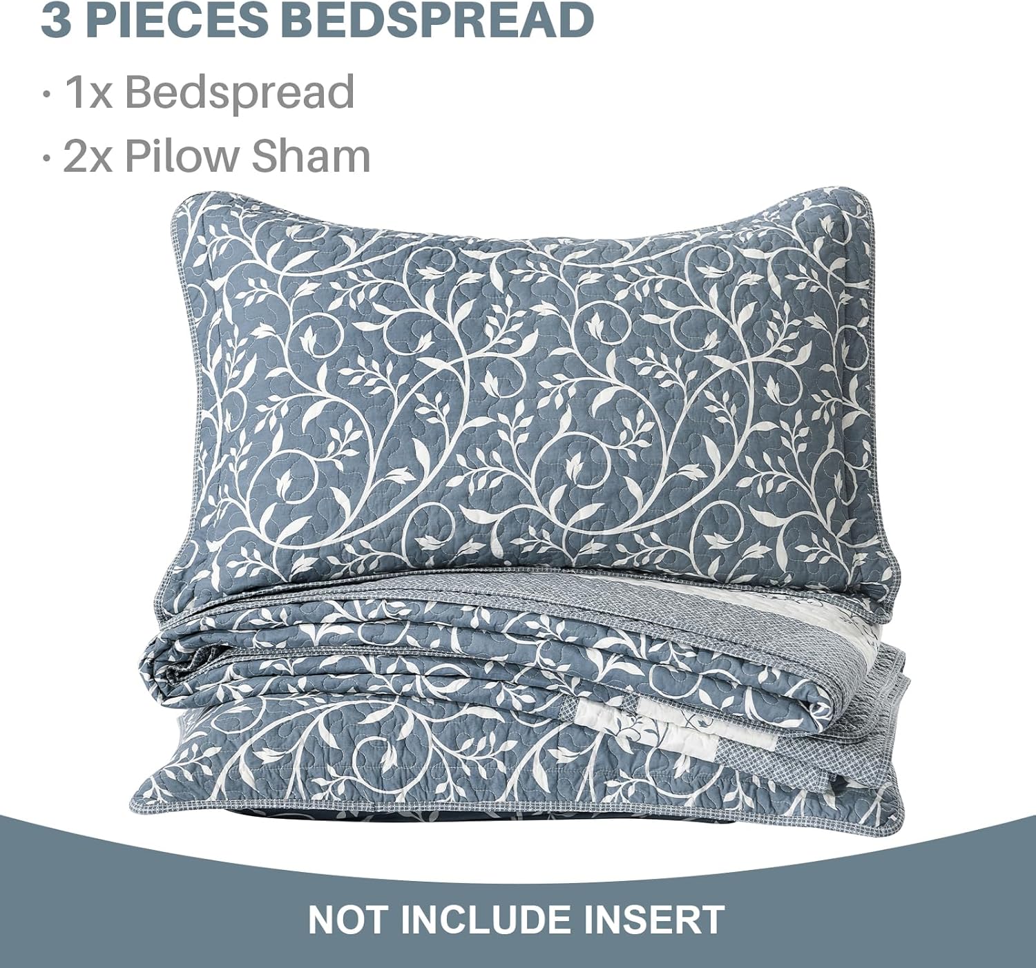 100% Cotton Oversized Quilt 120"x120", Extra Large King Bedspread, Farmhouse Botanical Bed Spreads Coverlet, Lightweight Quilted Bedding Cover, 3 Piece, Grayish Blue/White