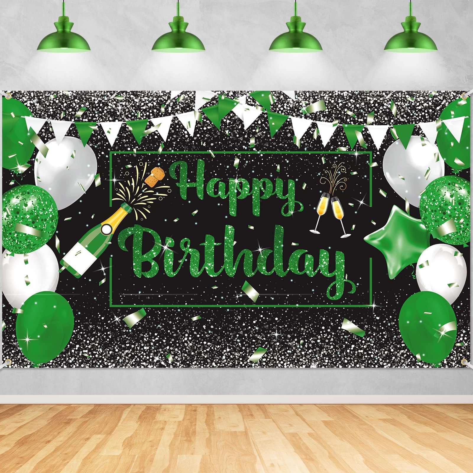 Green Silver Black Happy Birthday Banner Decorations - Champagne Glass Balloons Photo Booth Background for Men Women Party Supplies 73 x 44 Inch