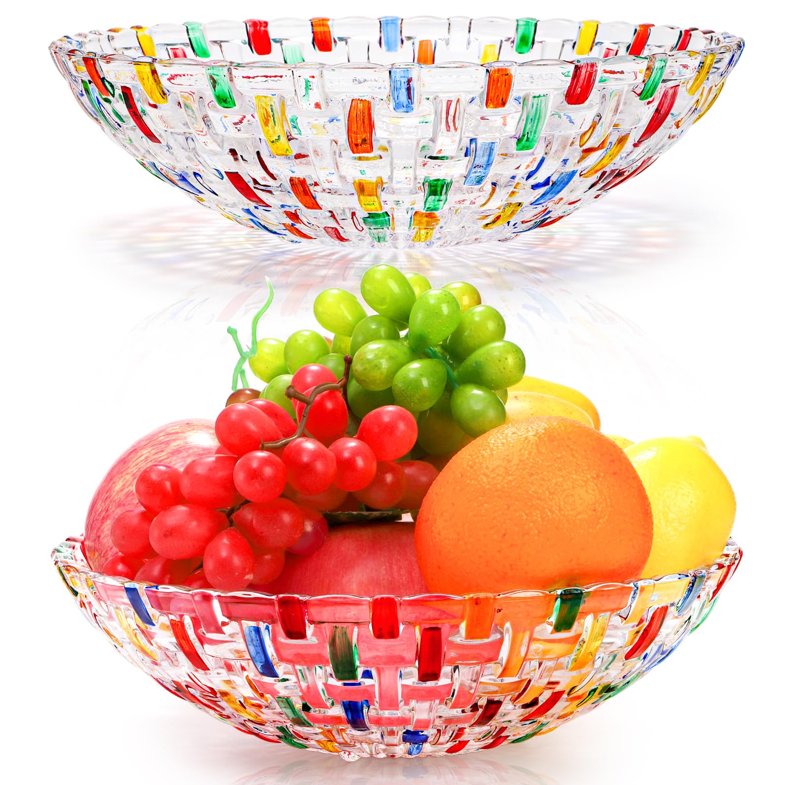 Paquete de 2 cuencos de frutas de cristal coloridos, cuencos de vidrio tejidos pintados a mano de 10 pulgadas, plato grande decorativo para mostrar ensalada, postre, pastel, dulces, aperitivos