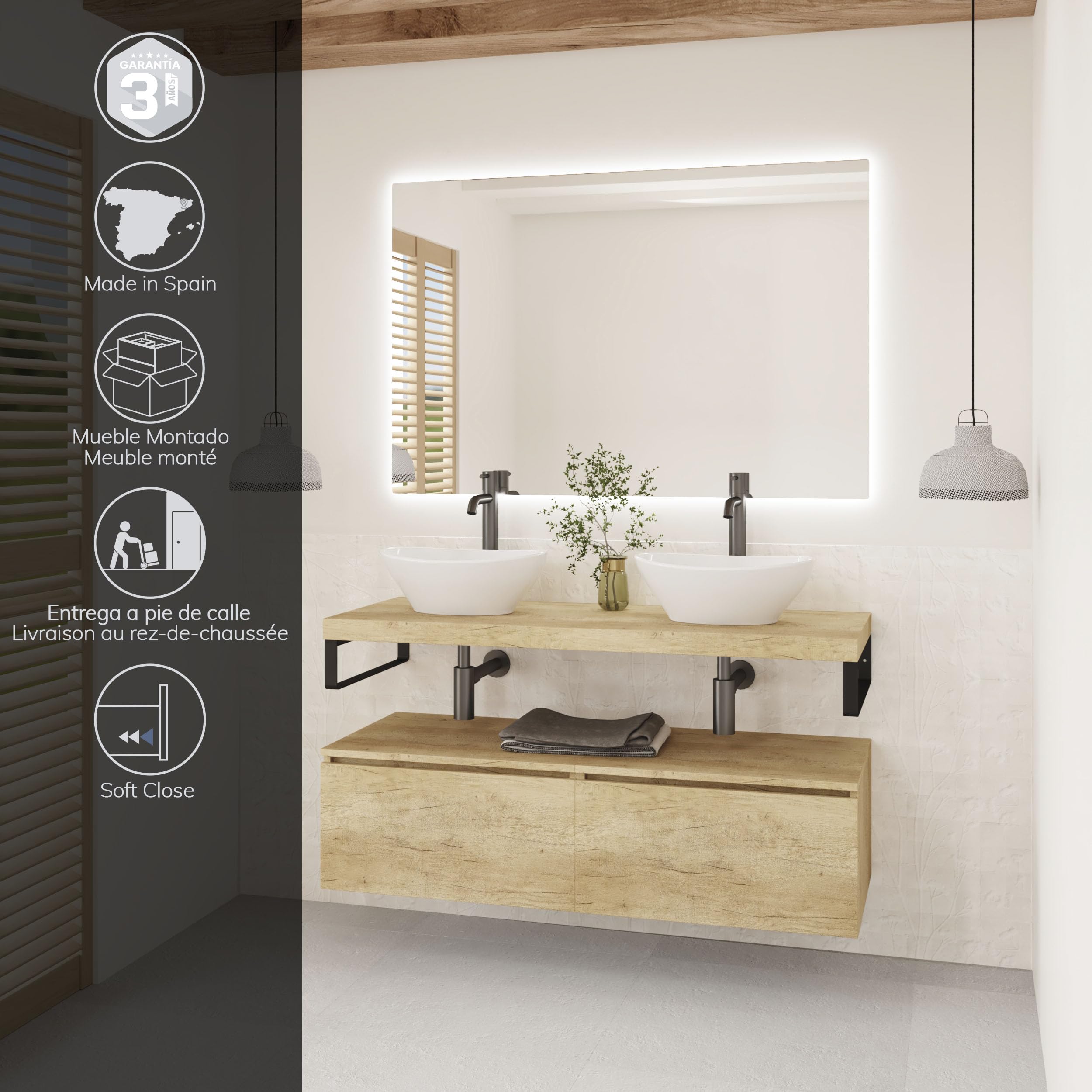 BAIKAL Mueble de Baño OVE. Mueble MONTADO. Armario con Lavabo. Encimera de Madera con Escuadras. Armario de Baño Suspendido. Incluye Lavabo Cerámico. 2 Cajones 120cm Nature