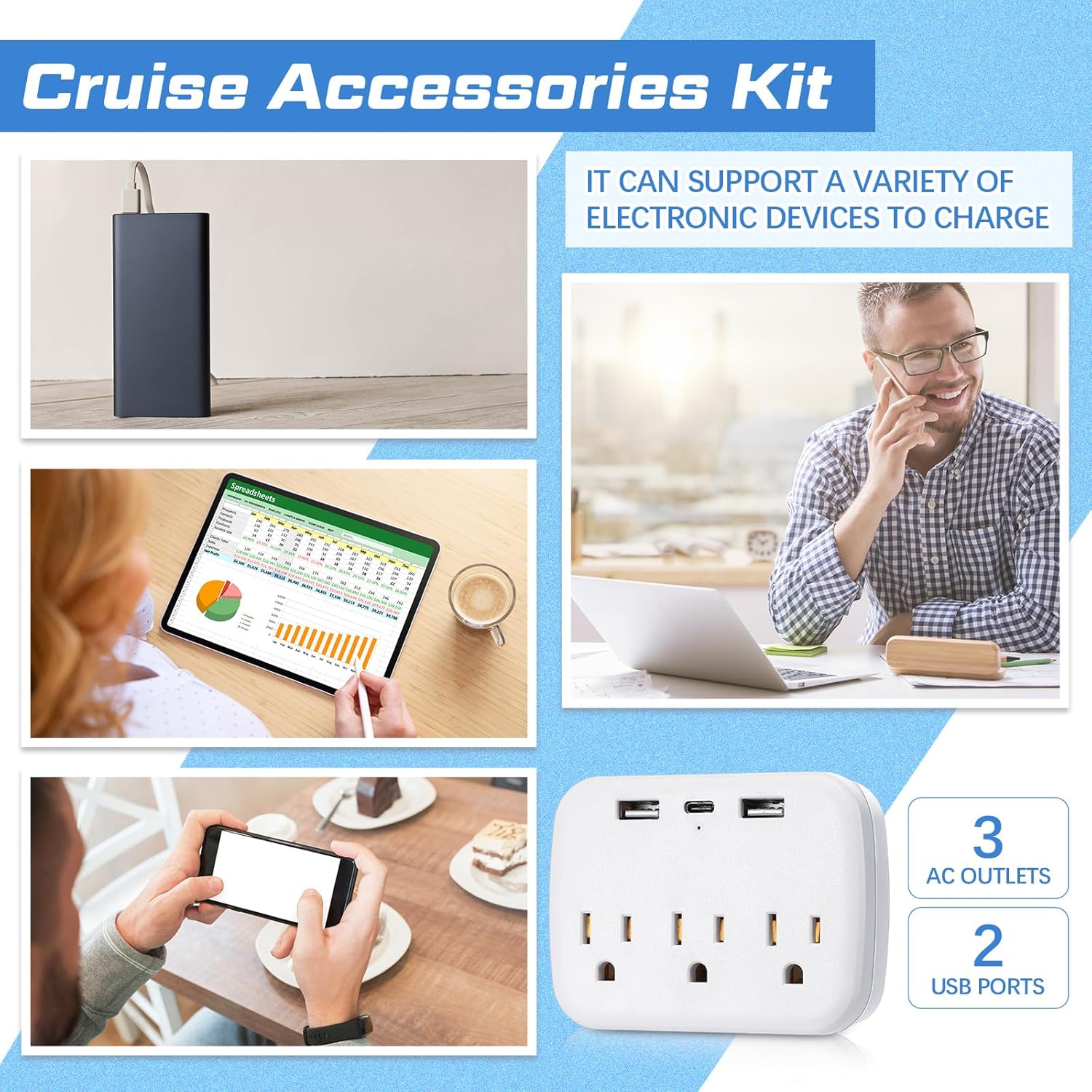 Watersay 17 Pcs Carnival Cruise Essentials with Power Strip Luggage Tags Magnetic Hook Lanyards Phone Bags and Reusable Straw
