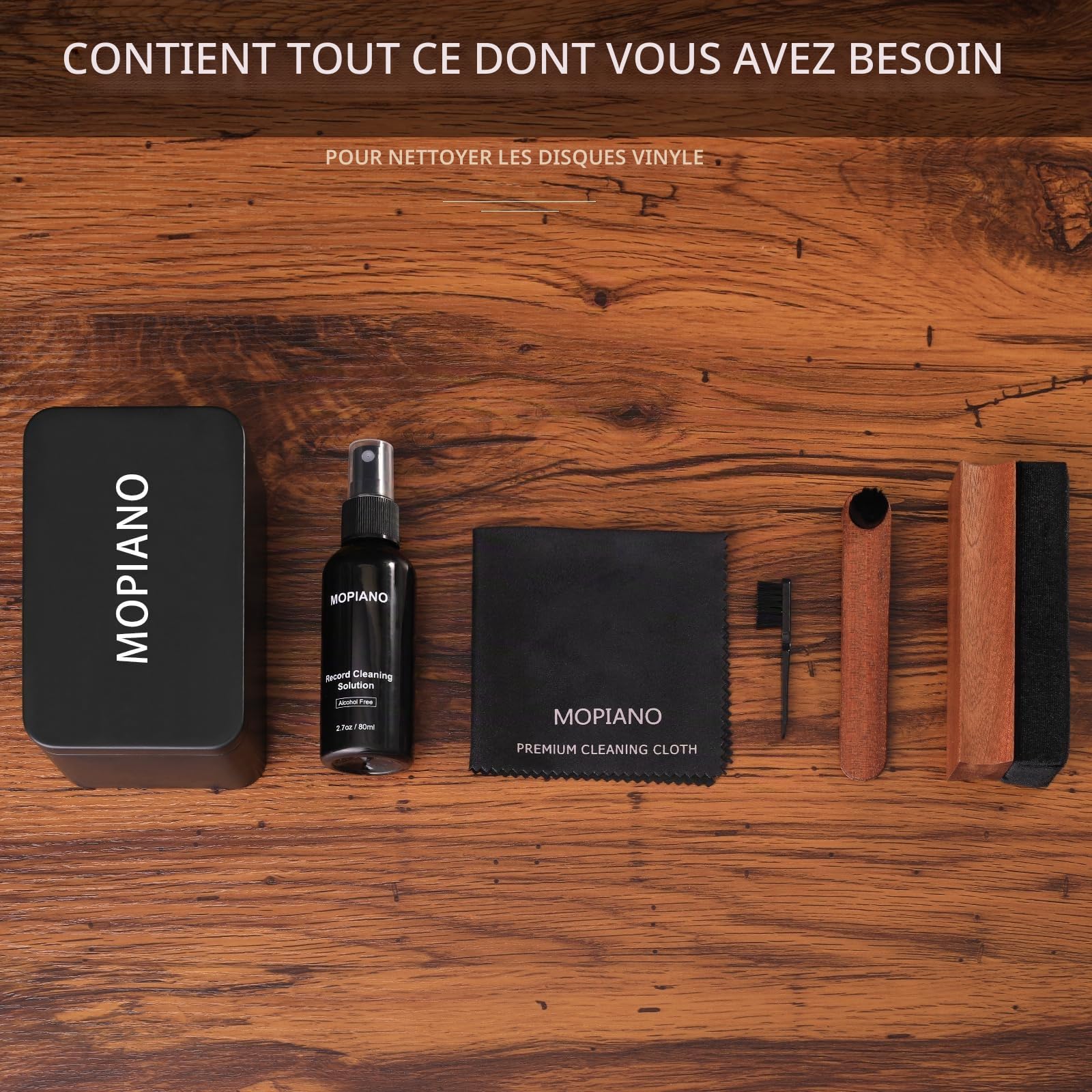 Kit de nettoyage de disque en vinyle Mopiano | Kit complet de nettoyage de disque vinyle 6-en-1 pour albums | Comprend une brosse en velours doux pour disques vinyles, liquide nettoyant pour LP