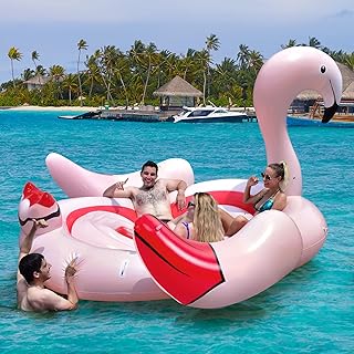Goplus 4-6 People Inflatable Flamingo Floating Island, Giant Float w/ Air Pump & 6 Cup Holders for Adults & Kids, Pool Toy Raft for Lake, River, Ocean, Beach, Summer Pool Party