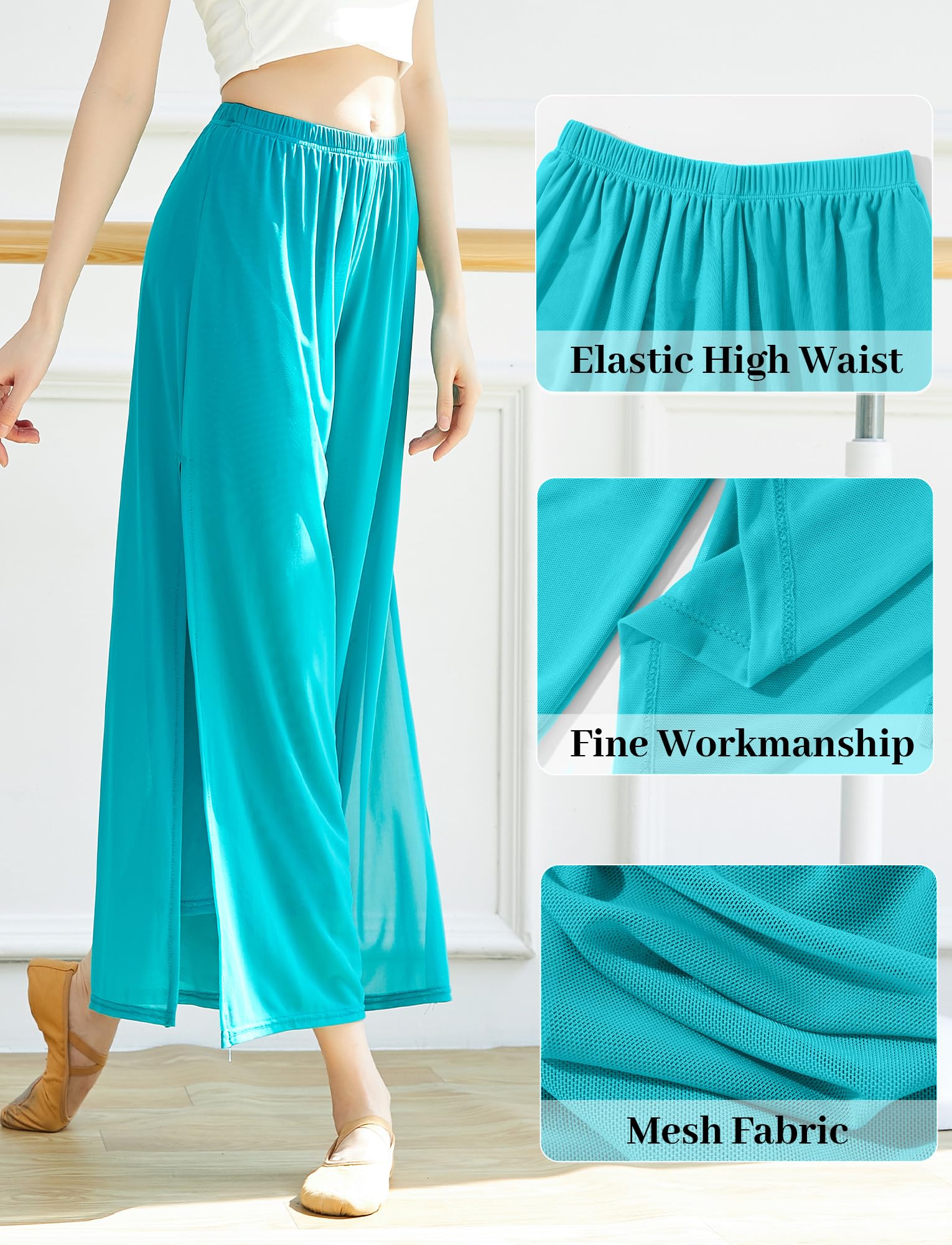 SEAUR Pantalon Palazzo fluide pour femme avec fente latérale Taille élastique pour danse lyrique Costume classique contemporain