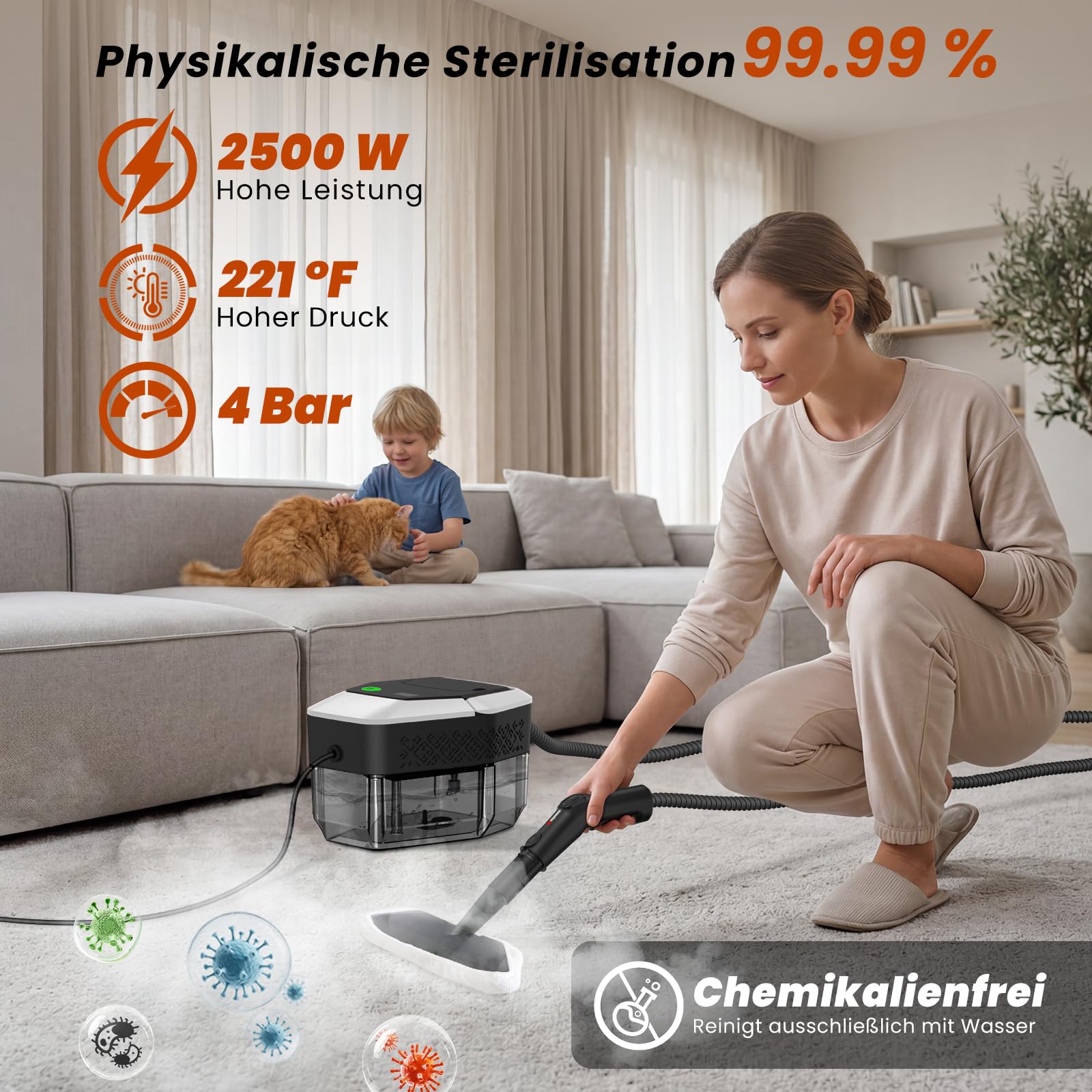 14 in 1 Dampfreiniger, 3 Stufig Einstellbarer Griff, Temperaturanzeige, 15 Sekunden Aufheizzeit, 1,8 L Wassertank, für Küche, Bad, Auto und Möbel (Schwarzweiß)