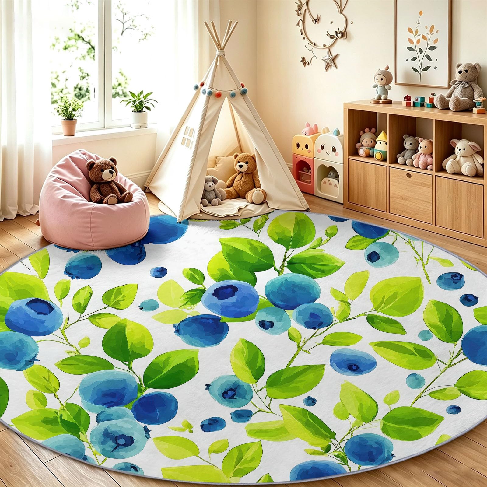 Tapis rond fruit myrtilles feuilles pour chambre salon tapis 100cm