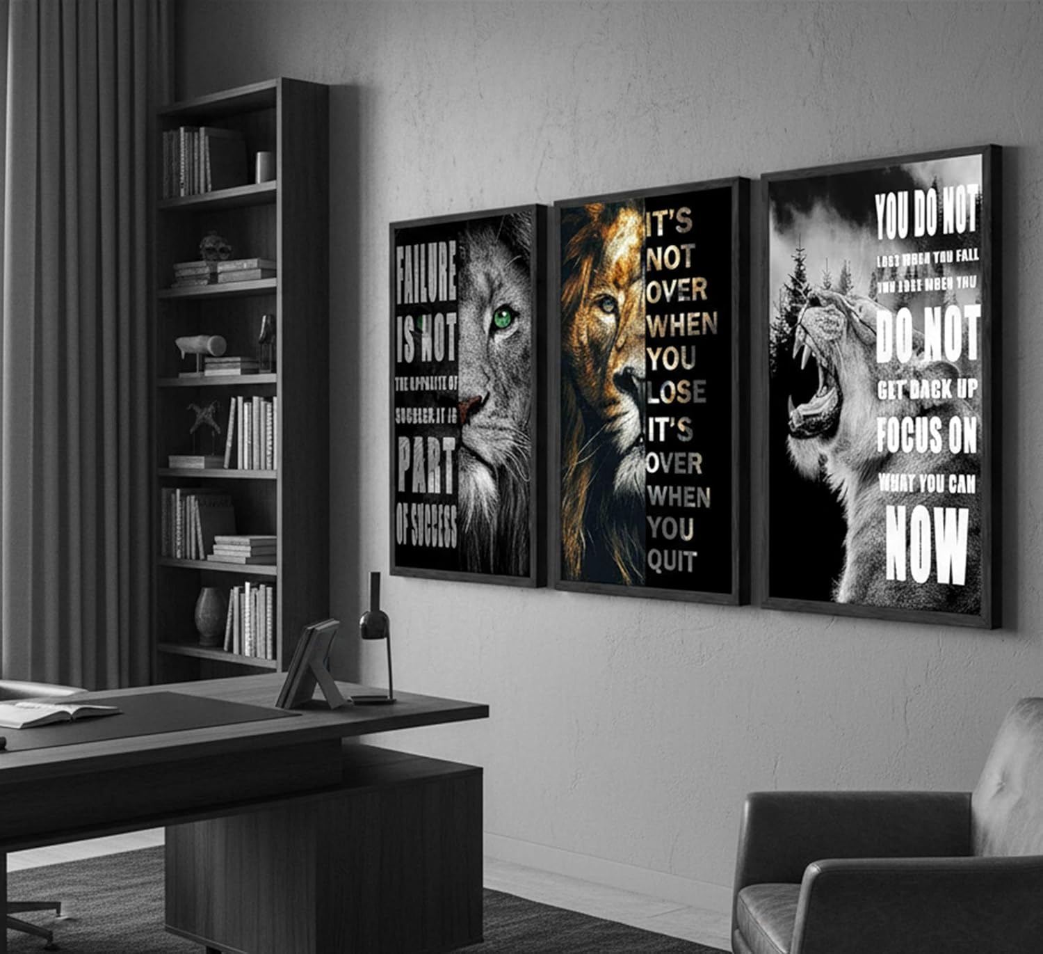 3 Pcs Office Inspirational Canvas Wall Art Modern Motivational Quotes Black And White Lion Pictures Wall Decor Inspiring Poster Print Artwork for Living room Man Room Bedroom Home Decoration Unframed