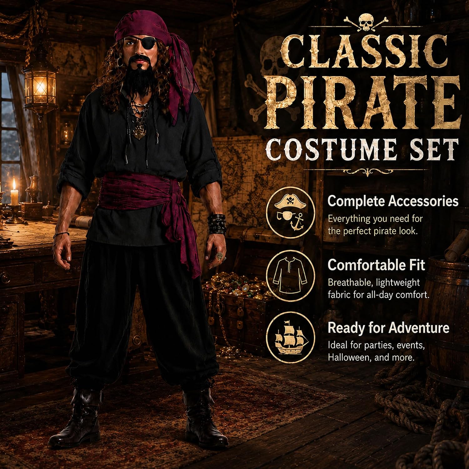 10PCS Pirate Costume for Men, Renaissance Medieval Viking Outfit for Halloween Cosplay with Shirt Pants Jewelry