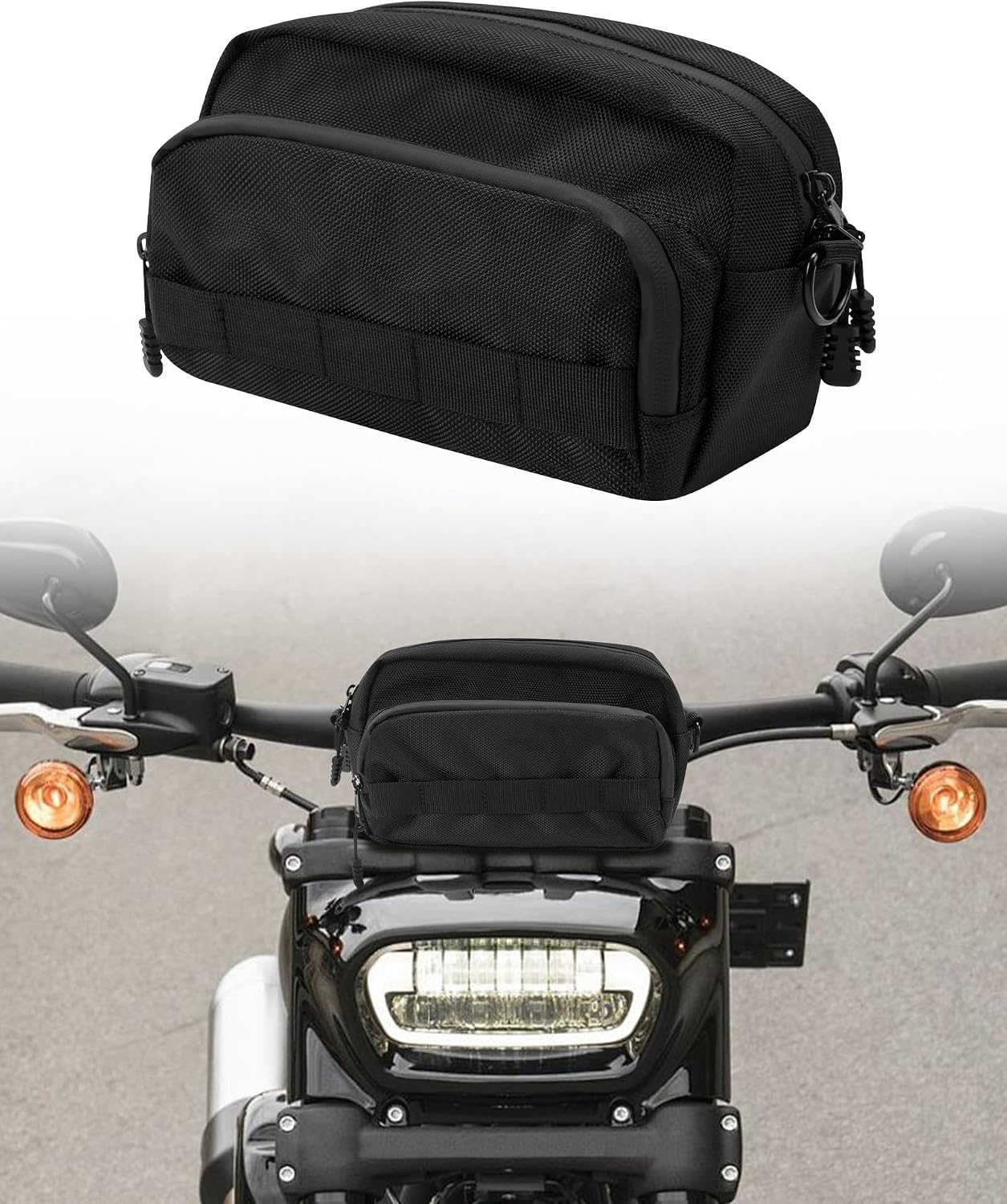 Nilkatss Universal Motorcycle Handlebar Tool Bag for Cruiser & Dirt Bike | Two zip pockets,Protect glasses & phone, Four straps fit bars/forks, Under straps for extras,Converts to crossbody off bike