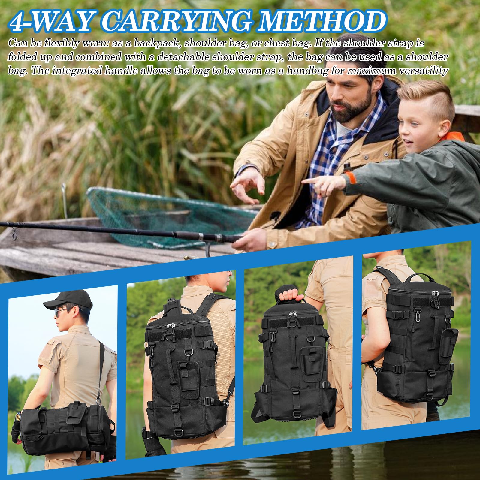 Mochila de pesca grande con soporte para caña, mochila impermeable para aparejos, multifunción para camping y deportes al aire libre, color negro, 45 x 16