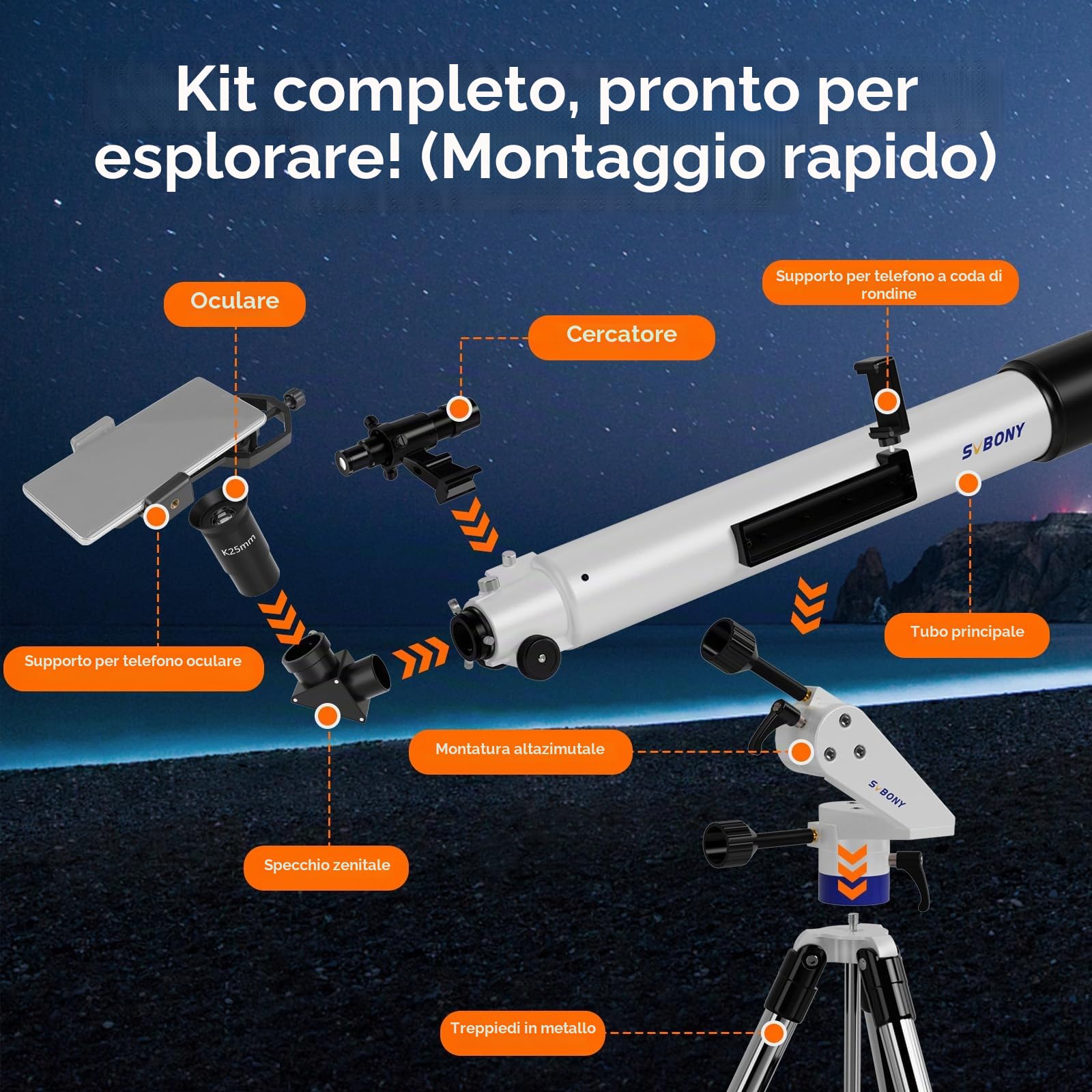 Svbony SV520 Telescopio Astronomico Professionale, Apertura 90mm, Lunghezza Focale 800 mm, Telescopio con Montatura Altazimutale, Controller Wireless, Tutto in Metallo Telescopiokit per Osservazione