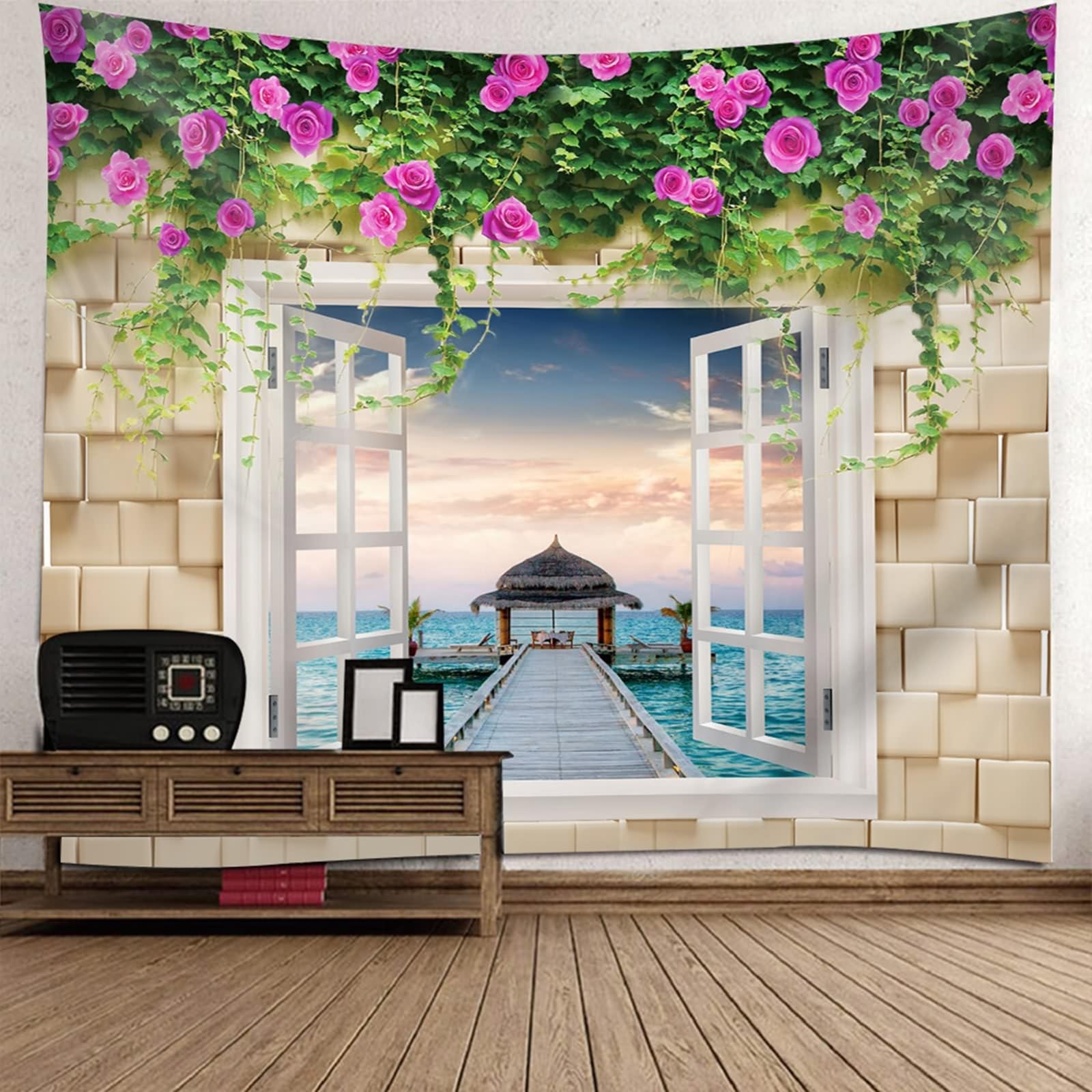 Wandteppiche 350x256cm, Wandtuch Fenster Blumen Szenerie Meer Wandbehang Wanddeko 138" W x 101" H