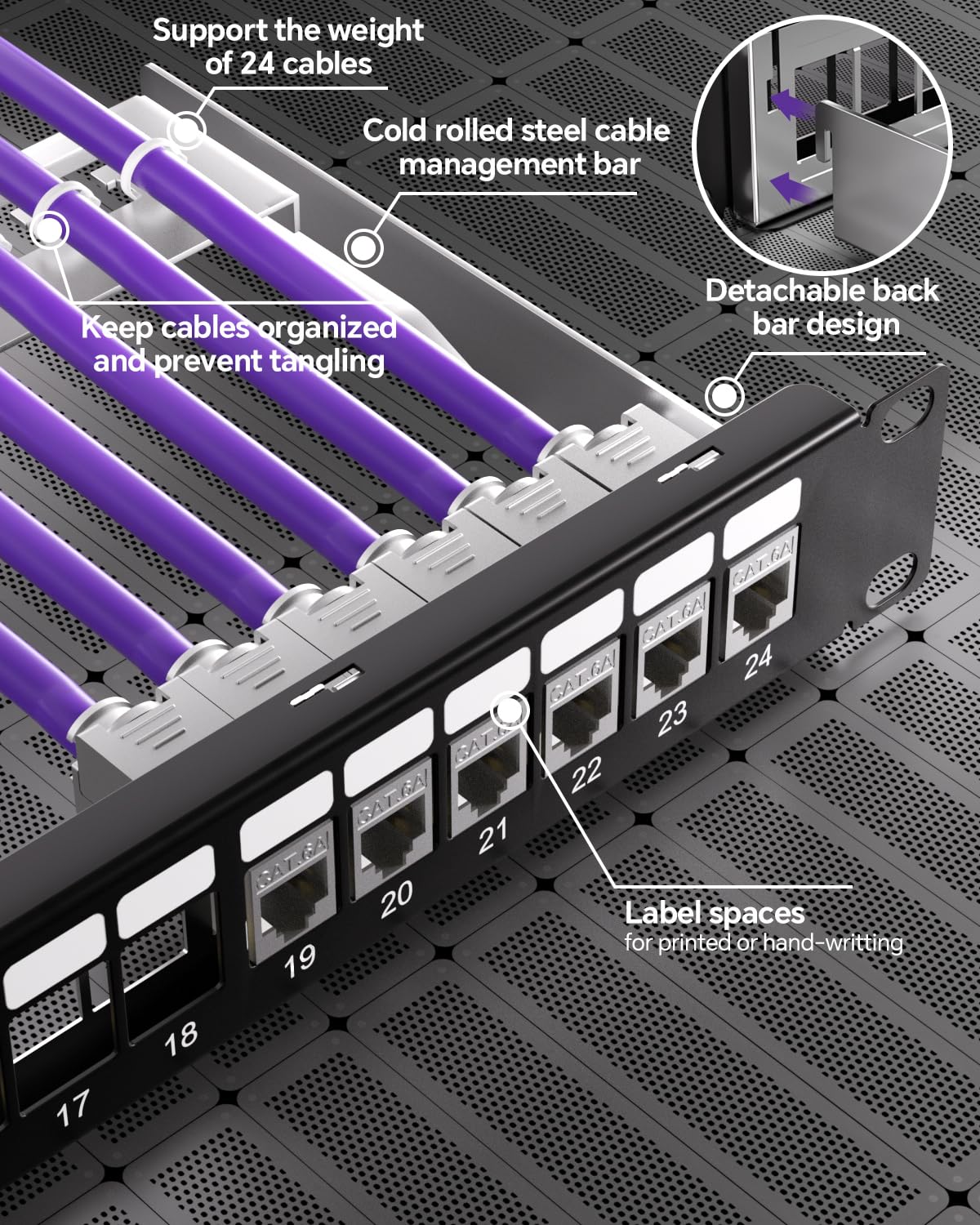 VCELINK Juego de paneles de conexión de 24 puertos modular en pulgadas + 24 módulos Keystone RJ45 compatibles con CAT6a
