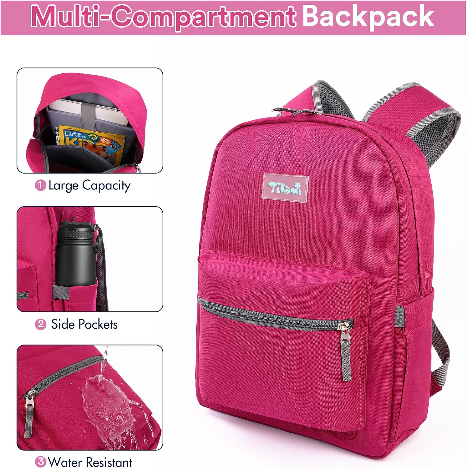 Tilami 20L Basic Backpack,17 inch Laptop Backpack for Travel,Water Resistant Bookbag,Plum Red image 3